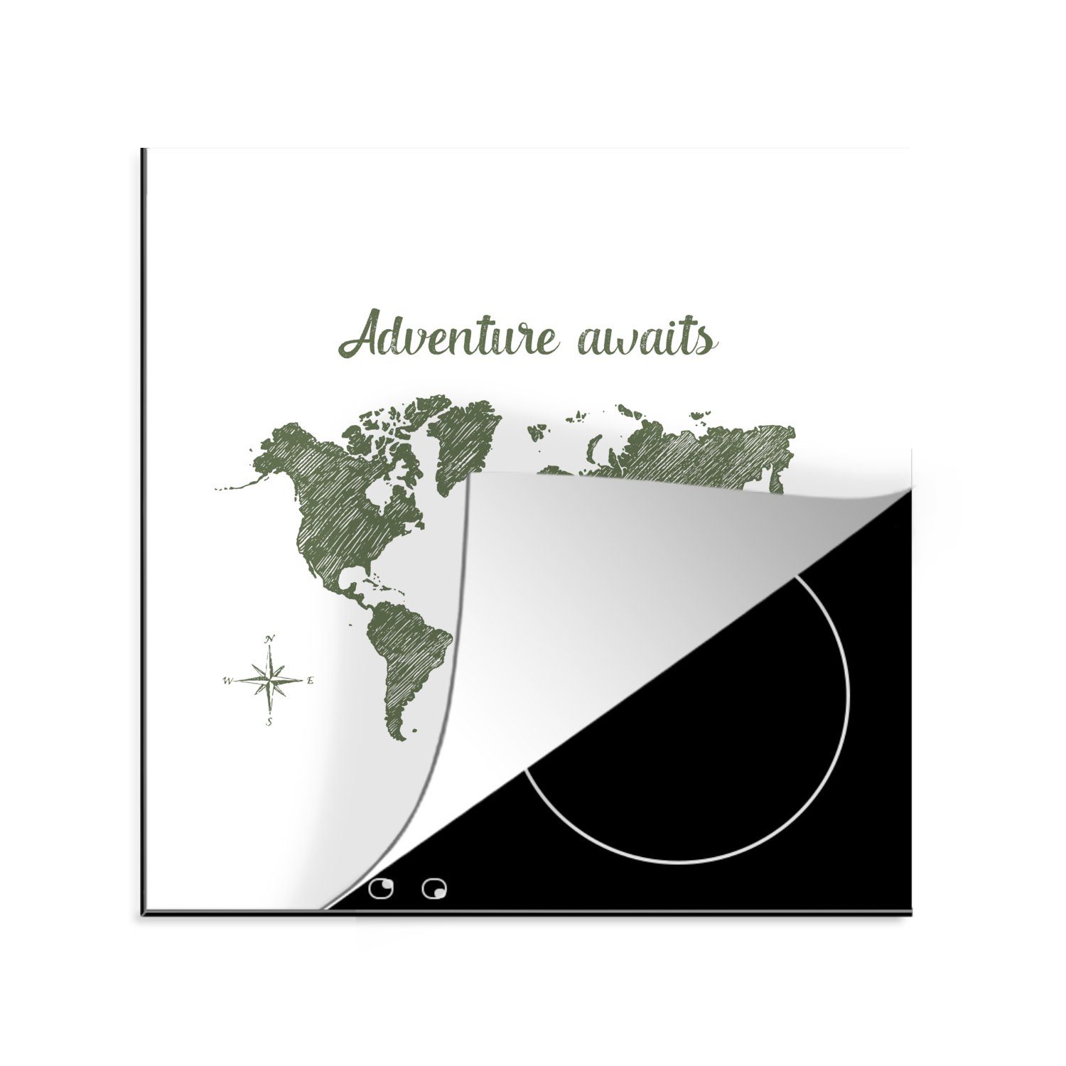 MuchoWow Herdblende-/Abdeckplatte Weltkarte - Zitat - Grün, Vinyl, (1 tlg), 78x78 cm, Ceranfeldabdeckung, Arbeitsplatte für küche