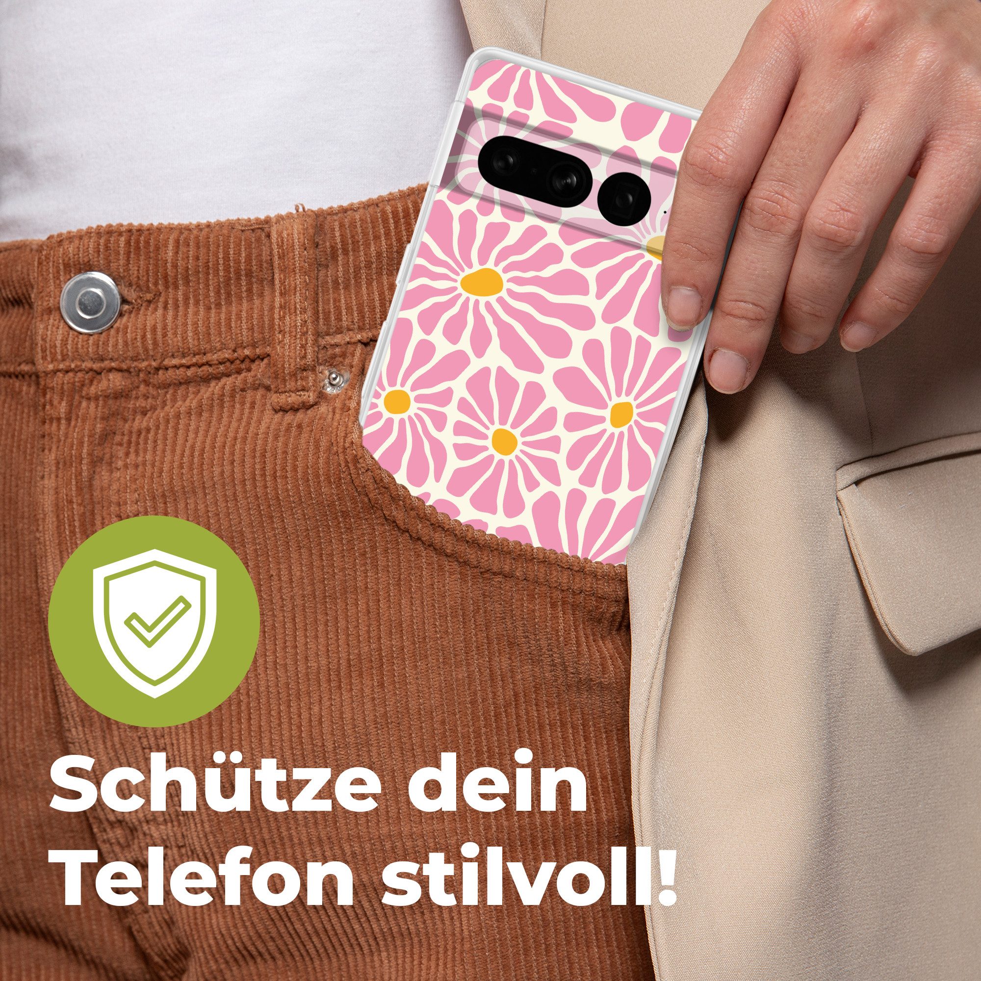 MuchoWow Handyhülle für Google Pixel 7 Pro Blumen - Muster - Rosa - Beige - Orange, Phone Case, Silikon, Schutzhülle Dünn