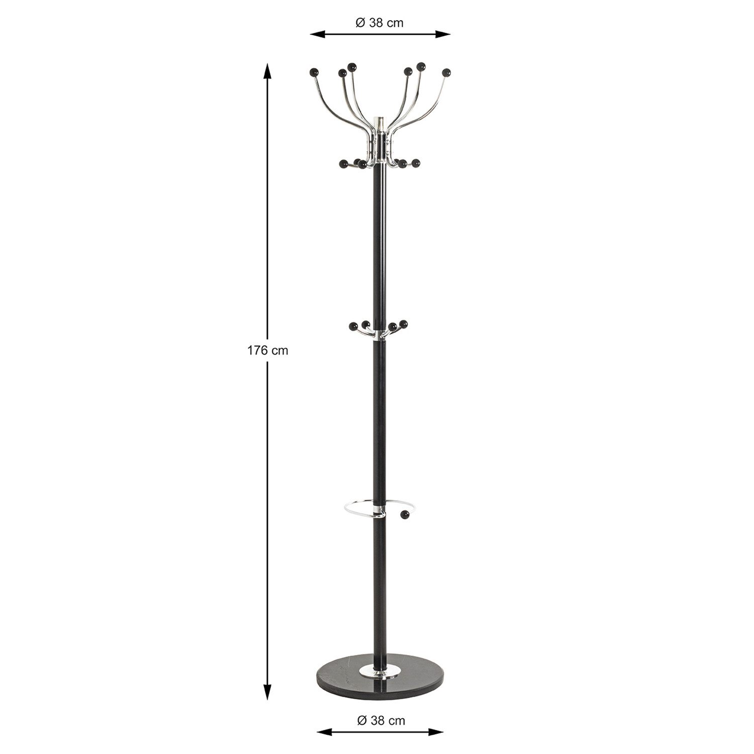 HAKU Garderobenständer MECKI Garderobe - chrom-schwarz - Marmor, Metall - H. 176cm - Haken, (1xGarderobenständer, Hakenständer - Aufhängeständer), Kleiderständer - Mantelständer - Jackenständer