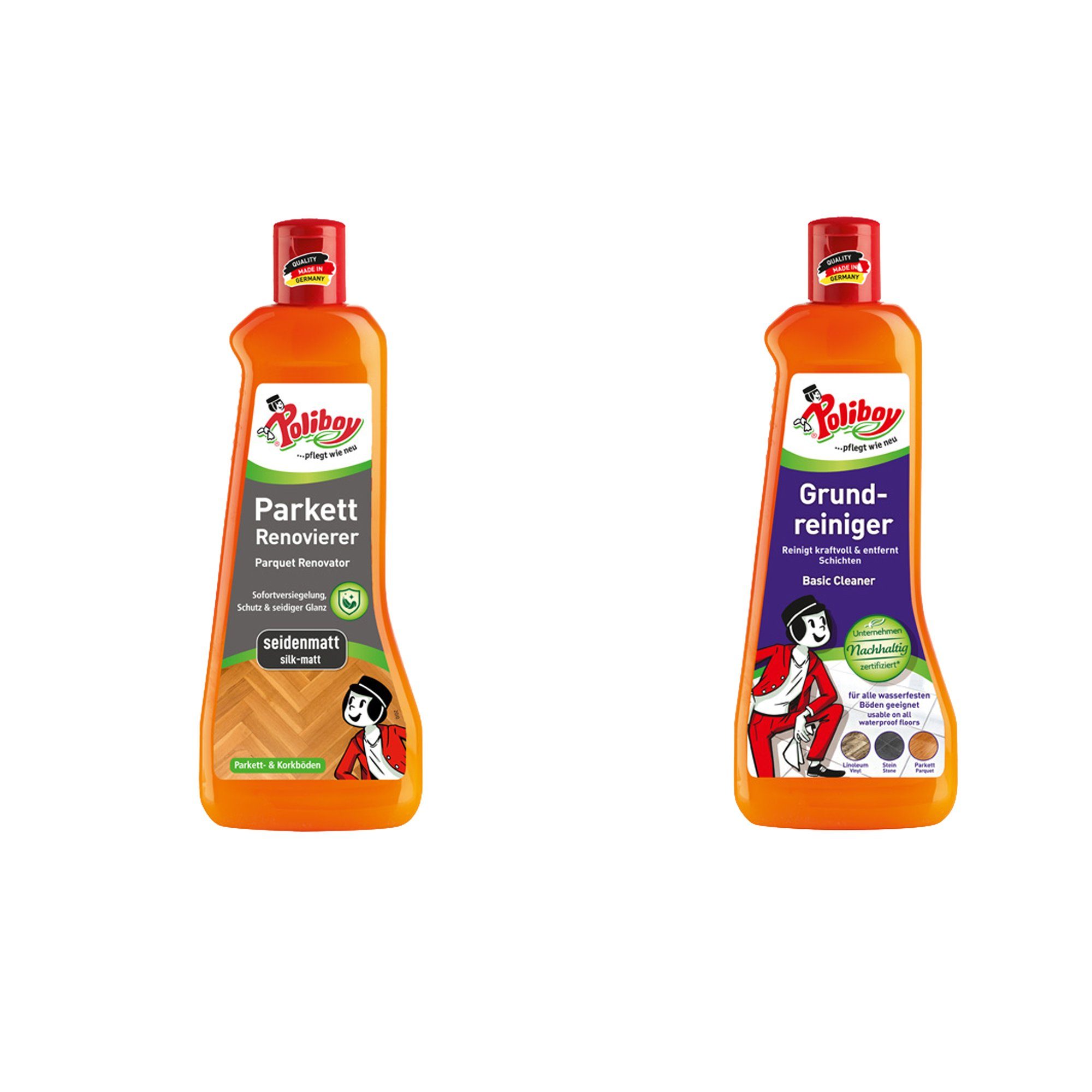 poliboy Reinigungsset 2- Reinigung & Pflege - 2x500ml Fussbodenreiniger (Grundreiniger & Parkett Renovierer Seidenmatt - Made in Germany)
