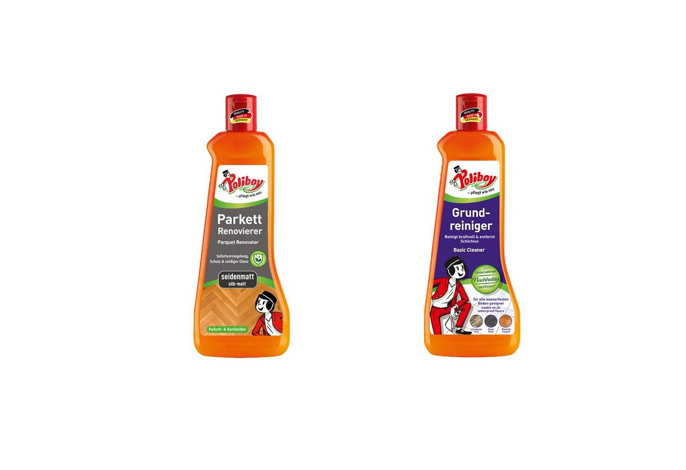 poliboy Reinigungsset 2- Reinigung & Pflege - 2x500ml Fussbodenreiniger (Grundreiniger & Parkett Renovierer Seidenmatt - Made in Germany)