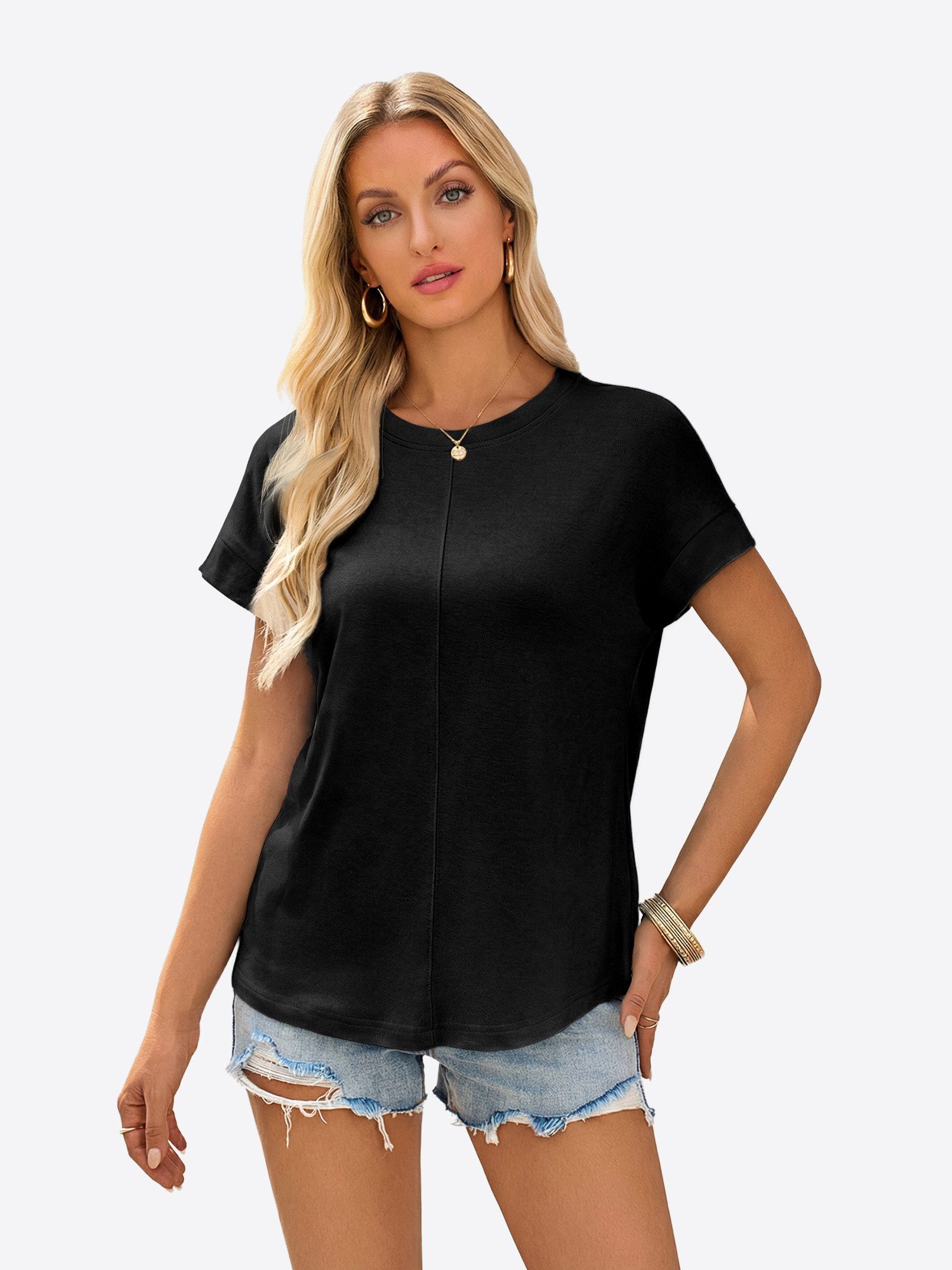 Imily Bela Kurzarmshirt Damen mit Fledermausärmel Regular Fit Basic Casual (Packung, 1-tlg., 1per-Pack) mit Teilungsnähte in Unifarbe