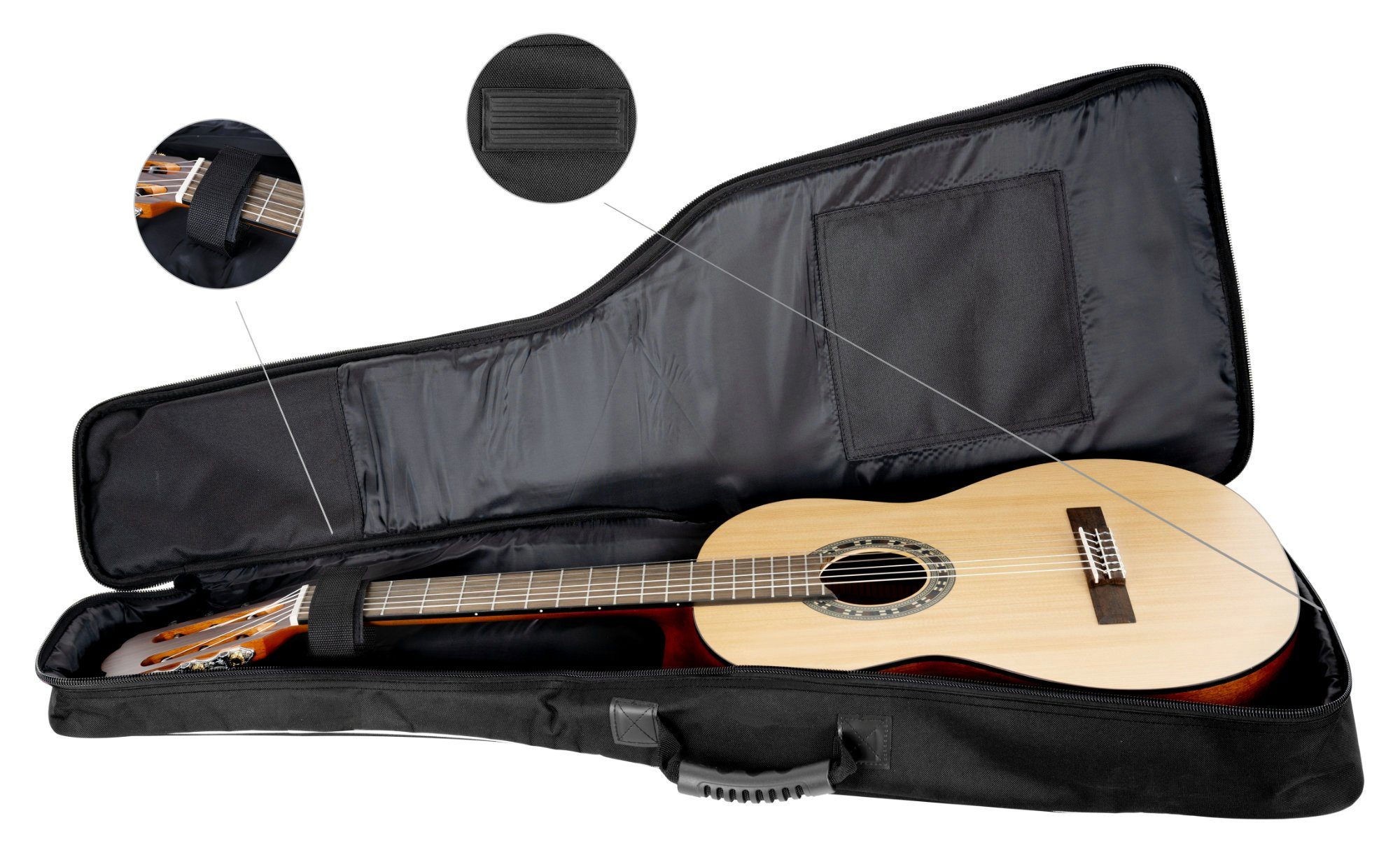Rocktile Gitarrentasche (Gigbag Komfort-Griff Klassik-Gitarrentasche für inkl. 2 geformter Noten/Zubehör), Polsterung, 1/2-Größe Ergonomisch weicher Fronttaschen Schwarz mit
