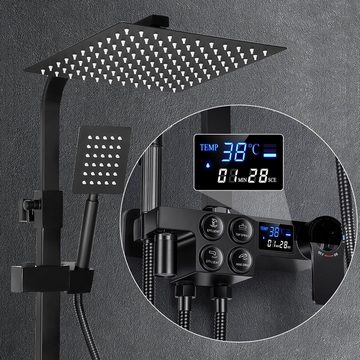 OULENBIYAR Stangenbrause-Set Duschsystem Regendusche Wandhalterung Brausegarnitur mit Thermostat, 6 Strahlart(en), 6 Strahlart(en), 3 Funktion Kopfbrause, verstellbare, LED-Display