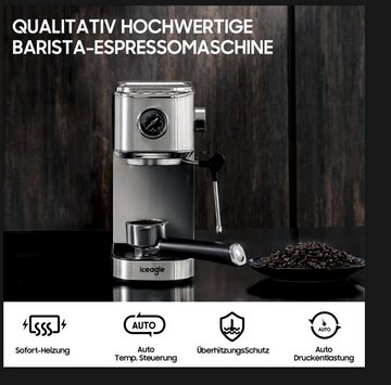 iceagle Espressomaschine EMC005 Kaffeemaschine, Delstahl, 1 L Wassertank, Korbfilter, 1400W, mit Thermokanne, 20 Bar