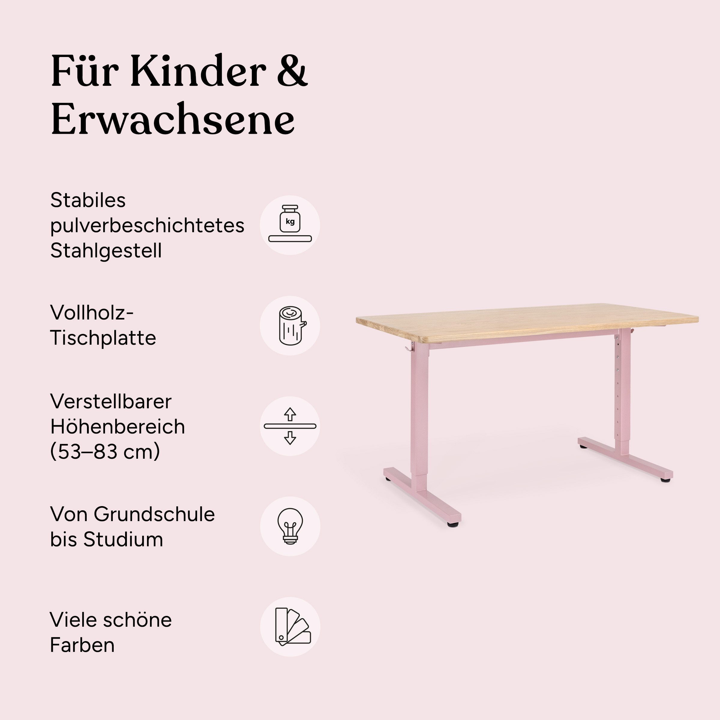 Ehrenkind Schreibtisch höhenverstellbar für Kinder und Erwachsene (mit Massivholzplatte & Stahlgestell, langlebig, Tischplatte aus massivem Eichenholz), mitwachsend & zeitlos