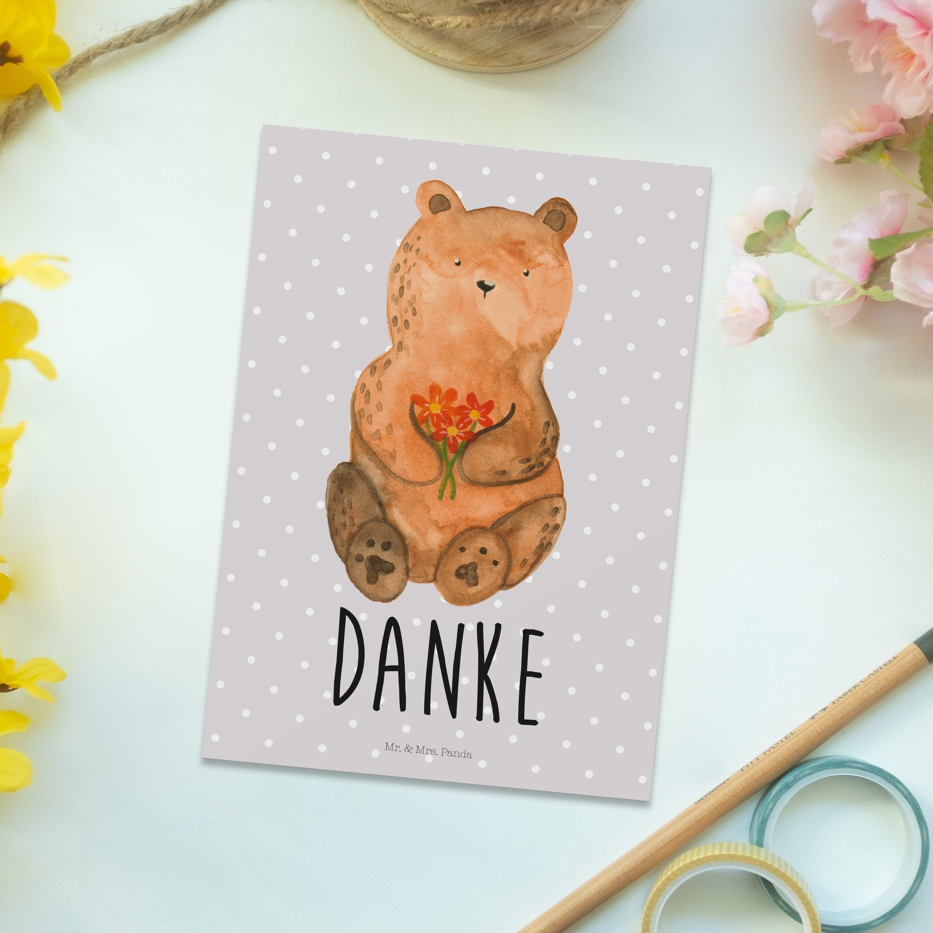 Mr. & Mrs. Panda Teddybär, - Pastell Postkarte Dankeschön, Geschenk, Dankbär - Grau Einladung, D