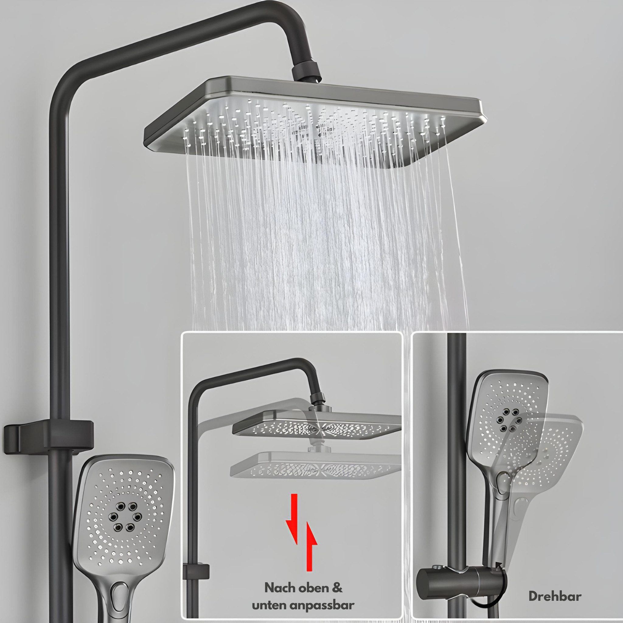 LuxaSteel Duschsystem Duschsystem mit digitaler Temperaturanzeige, Regendusche nachrüsten, 5 Strahlart(en), Komplett-Set, Regendusche Duschsystem, höhenverstelbar, neigbar, mit Display