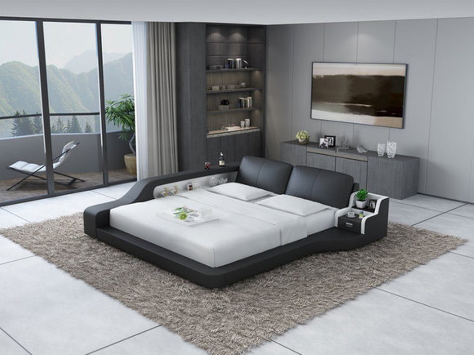 JVmoebel Bett Doppel Luxus Design Leder Bett Polster Betten Moderne Multifunktion Schwarz