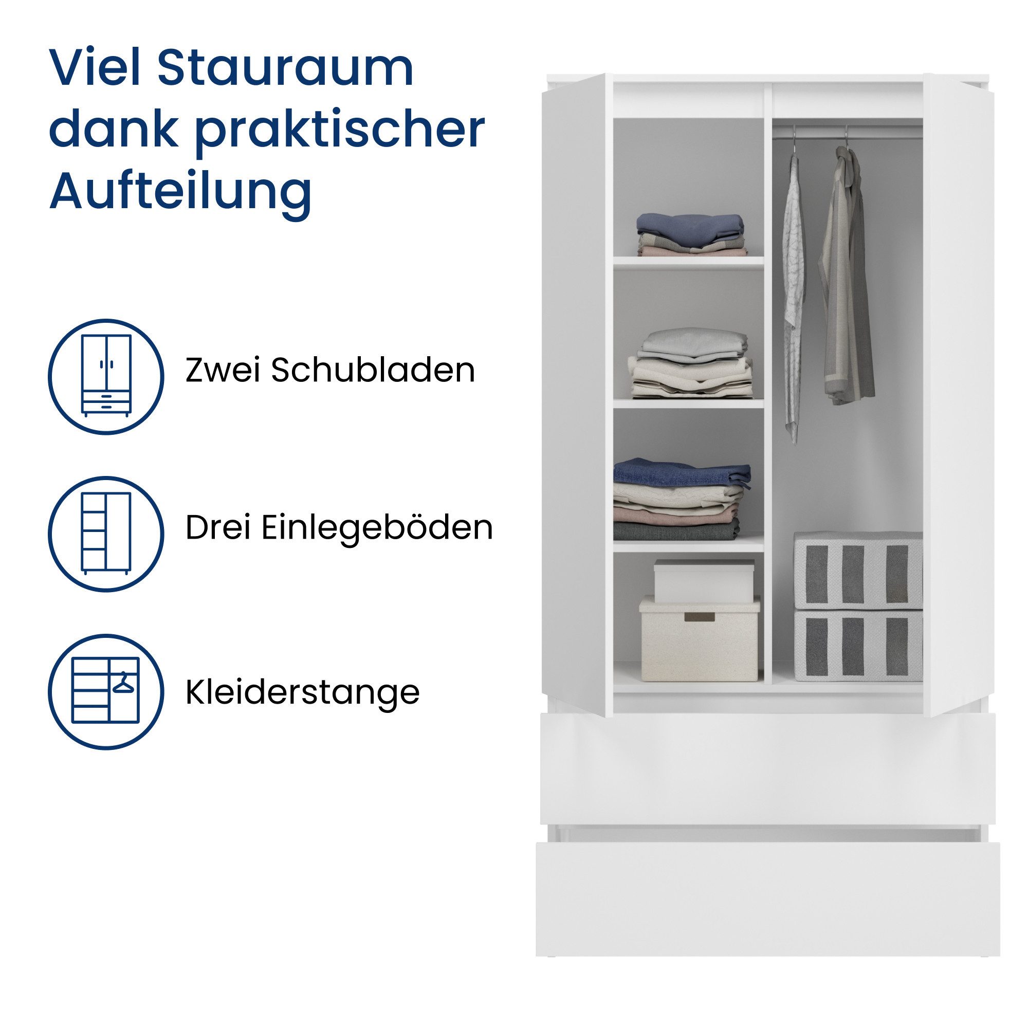 Home Collective Kleiderschrank Schrank 90cm breit mit 2 Schubladen, 3 Einlegeböden und Kleiderstange (Haushaltsschrank Schrank Organizer für Schlafzimmer Flur K – Bild 4 von 5