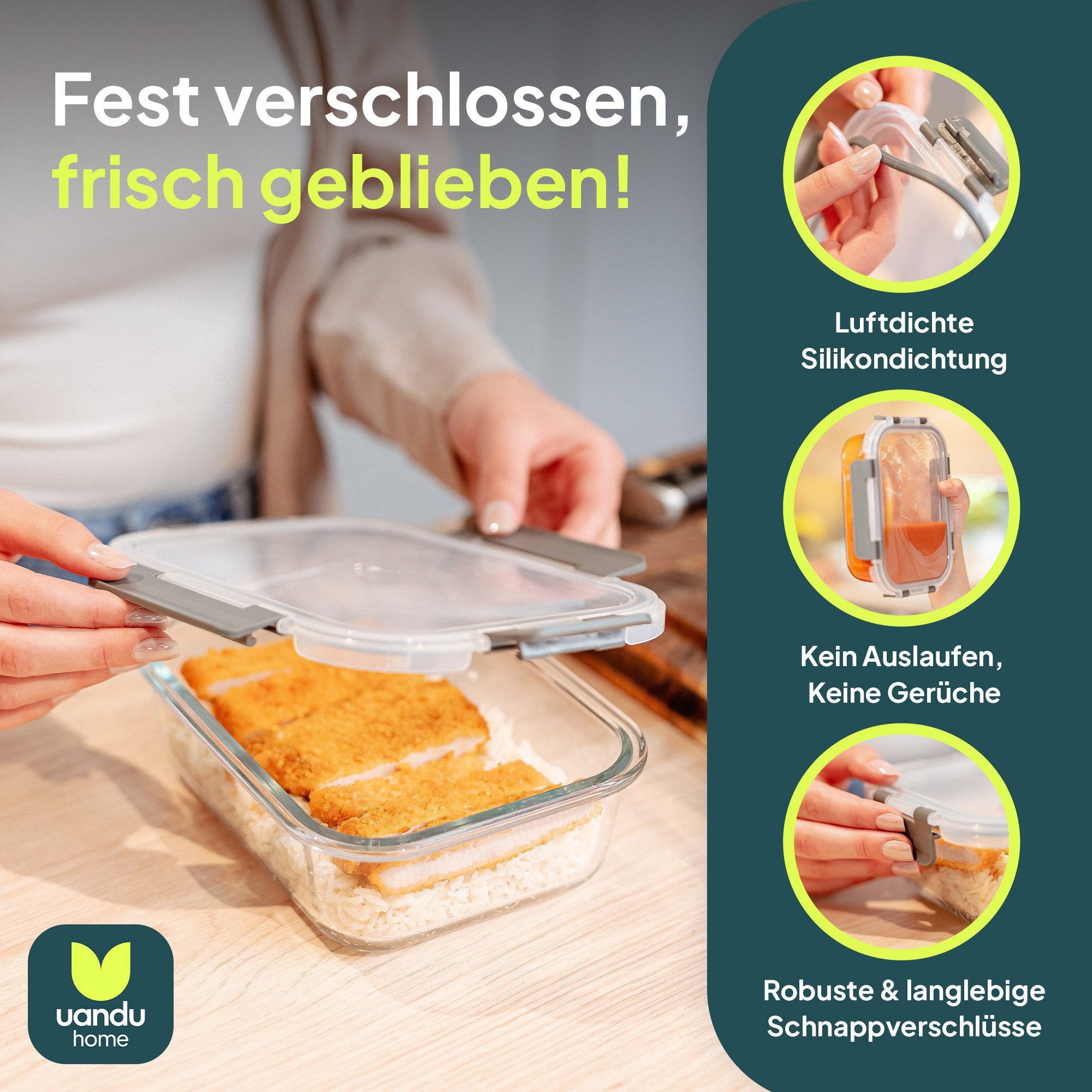 uandu home Frischhaltedose Glasbehälter mit Deckel, Frischhaltedosen Glas mit Deckel, (glasdosen mit deckel set, glas tupper mit deckel, glass food container, frischhaltedosen mit deckel glas, glasdose mit deckel, Borosilikatglas mit Deckel, Meal prep Gläser), Glasdosen mit Deckel Set, Meal prep Boxen Glas