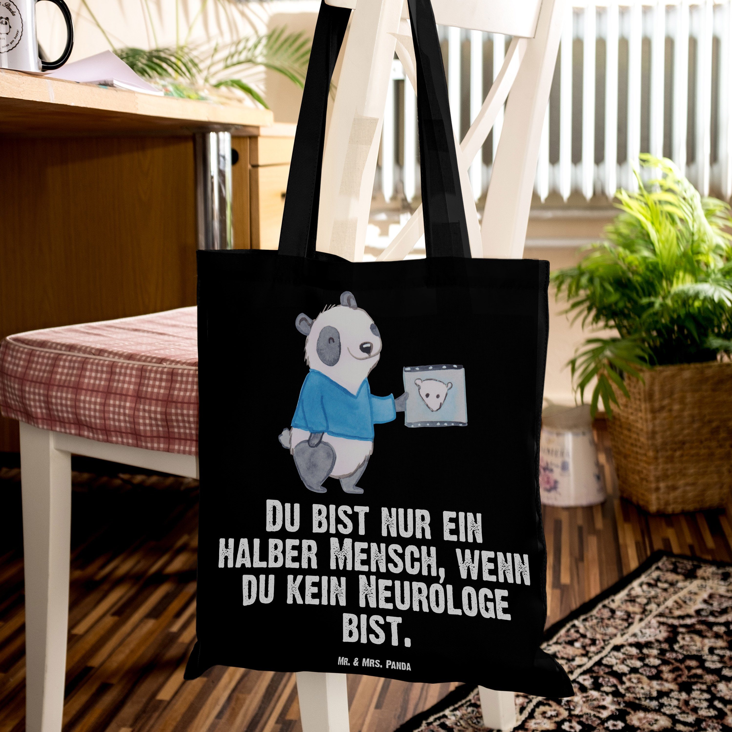 Herz mit Geschenk, Schwarz Medizinstudium, Neurologe & Mr. - Einkaufstasc (1-tlg) Panda Mrs. - Tragetasche