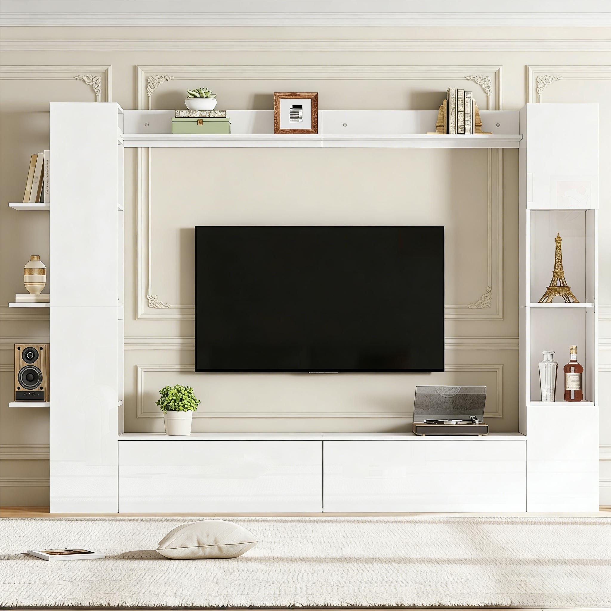 MODFU TV-Schrank 228x170x30 cm 4-teilige Kompaktwohnwand mit Vitrine (mit Stauraum und Acryltür, 4-St., TV-Board & Stauraumschrank, flexible Türanschläge) Stilvolle Wohnzimmer-Lösung mit viel Platz, in Weiß