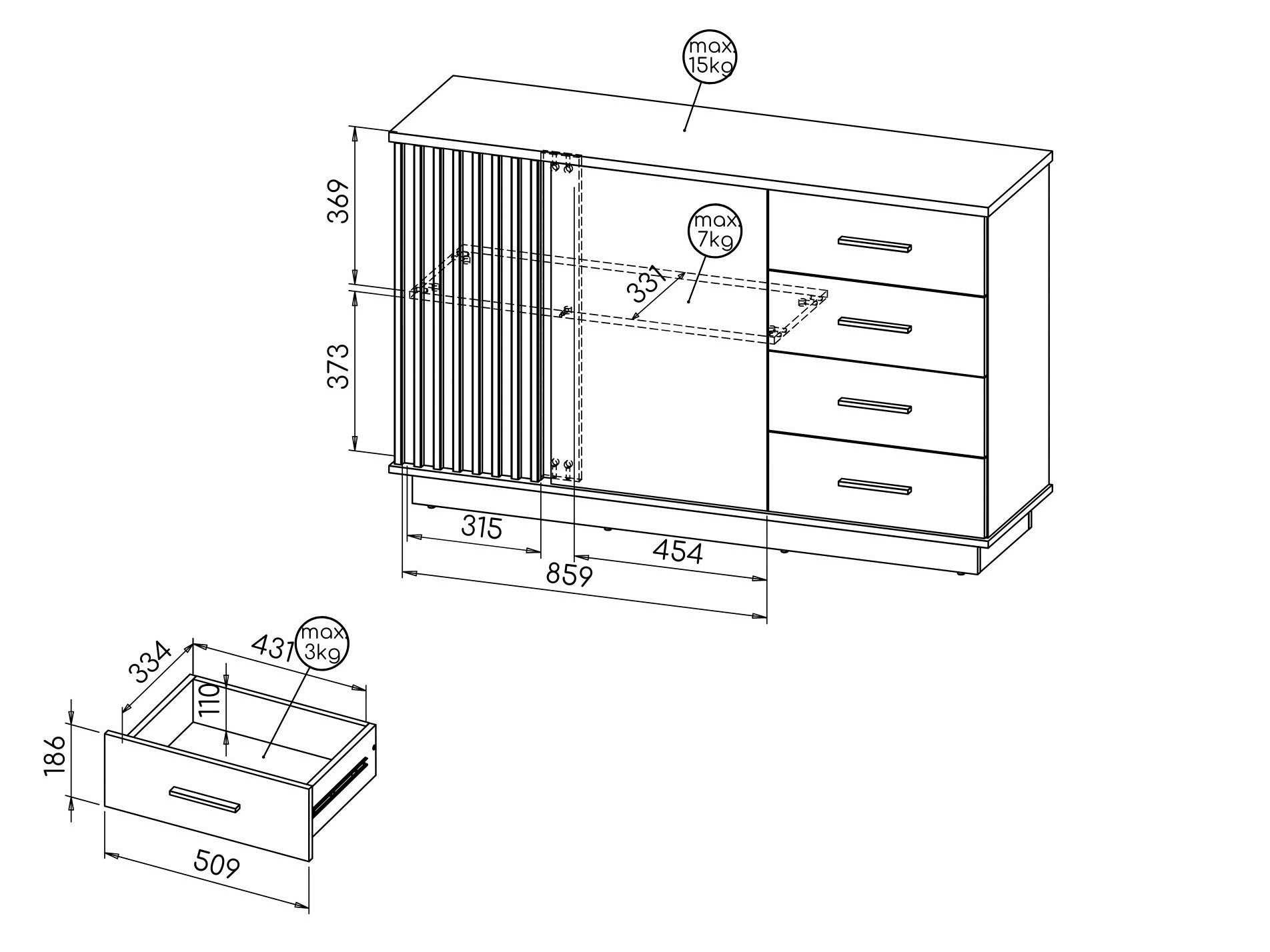 Beautysofa Kommode Lamelo mit 4 Schubladen und 2 Türen (Lamellenfront, Eiche Wotan/Schwarz, modernes Loft-Design), zweitürig, mit Dekorlamellen – Bild 4 von 5