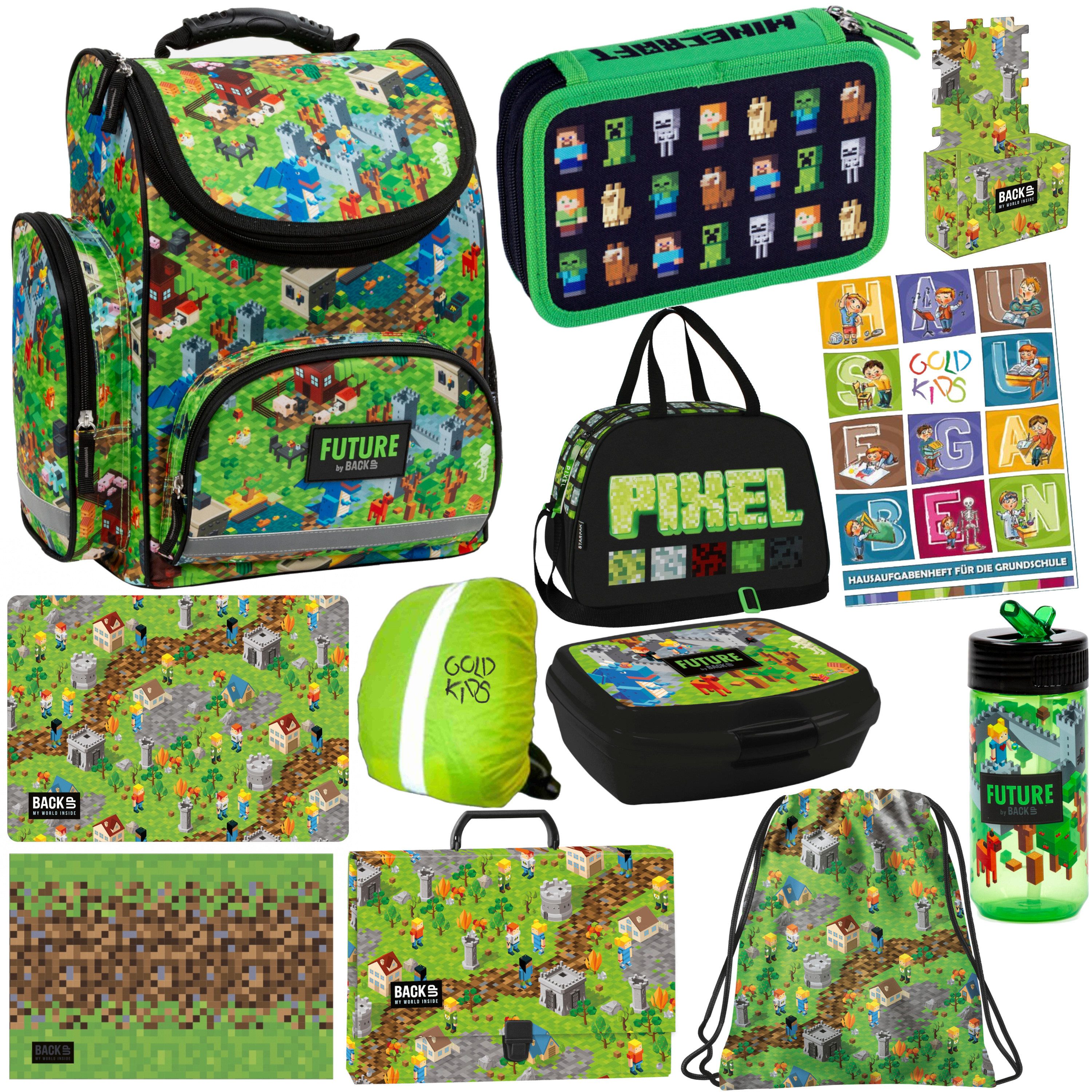 GOLDKIDS Schulranzen XXL Set 12 Teile ergonomischer Ranzen Federmappe (Turnbeutel Malunterlage Aktentasche, 1-tlg., Brotdose Trinkflasche Aufgabenheft für die), Grundschule Game Pixel Motiv