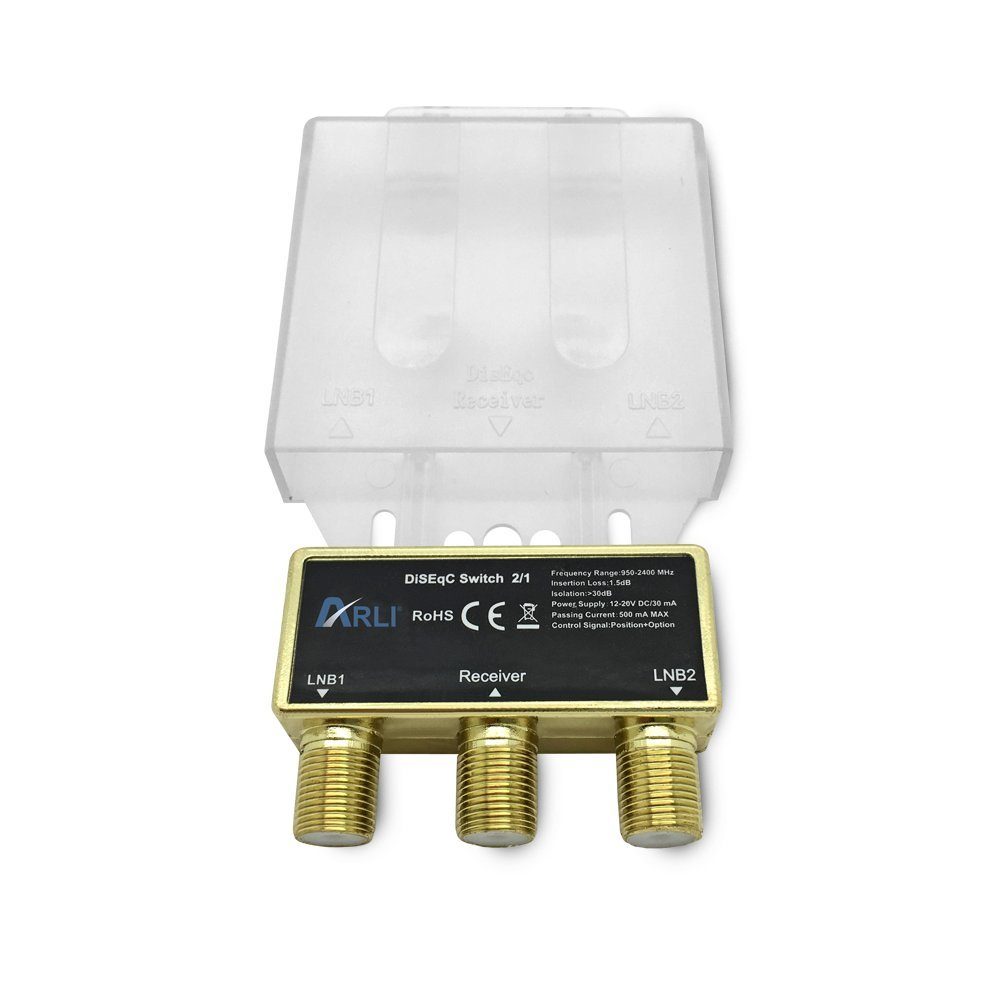 Stecker F Schalter ARLI mit DiSEqC 2/1 + Wetterschutzgehäuse Schalter 3x vergoldet