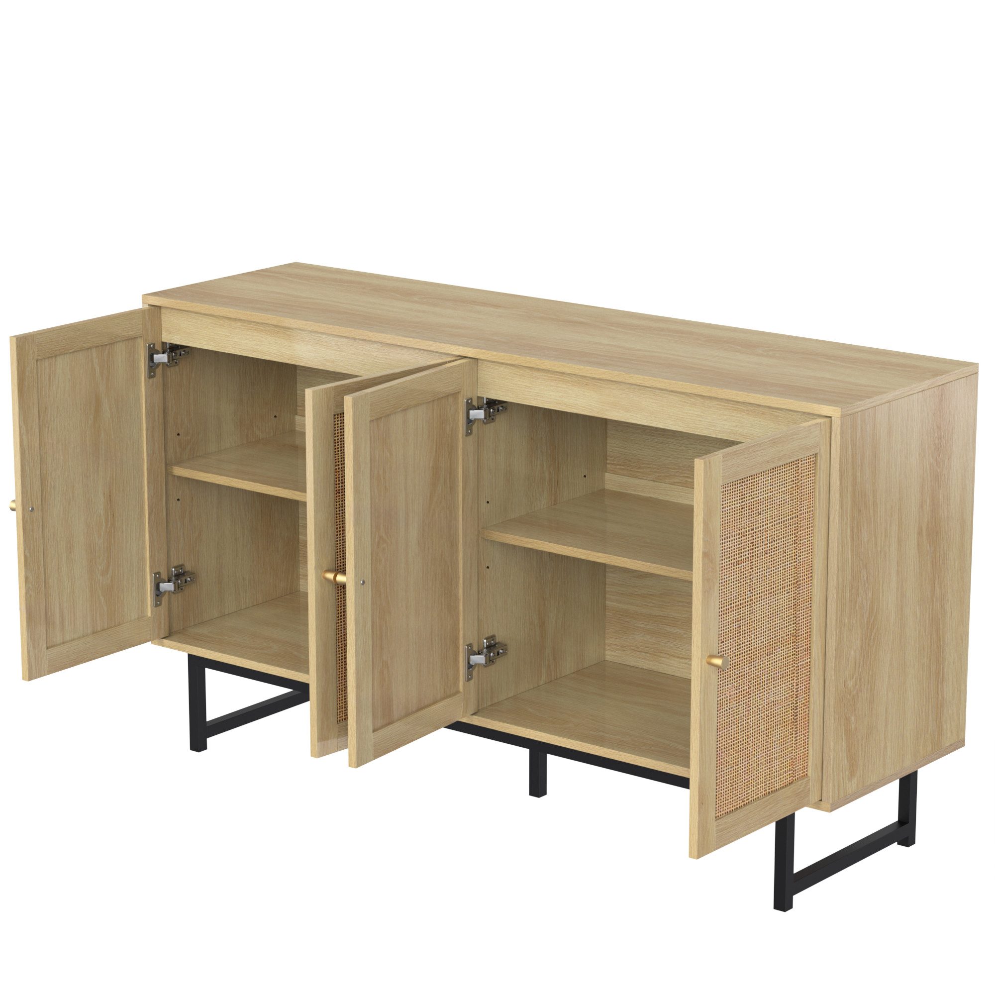 Yorbay Sideboard aus echtem Rattan, Landhaus & Scandi Design, mit 4 Schiebtüren aus echtem Rattangeflecht, 140x39,5x80 cm