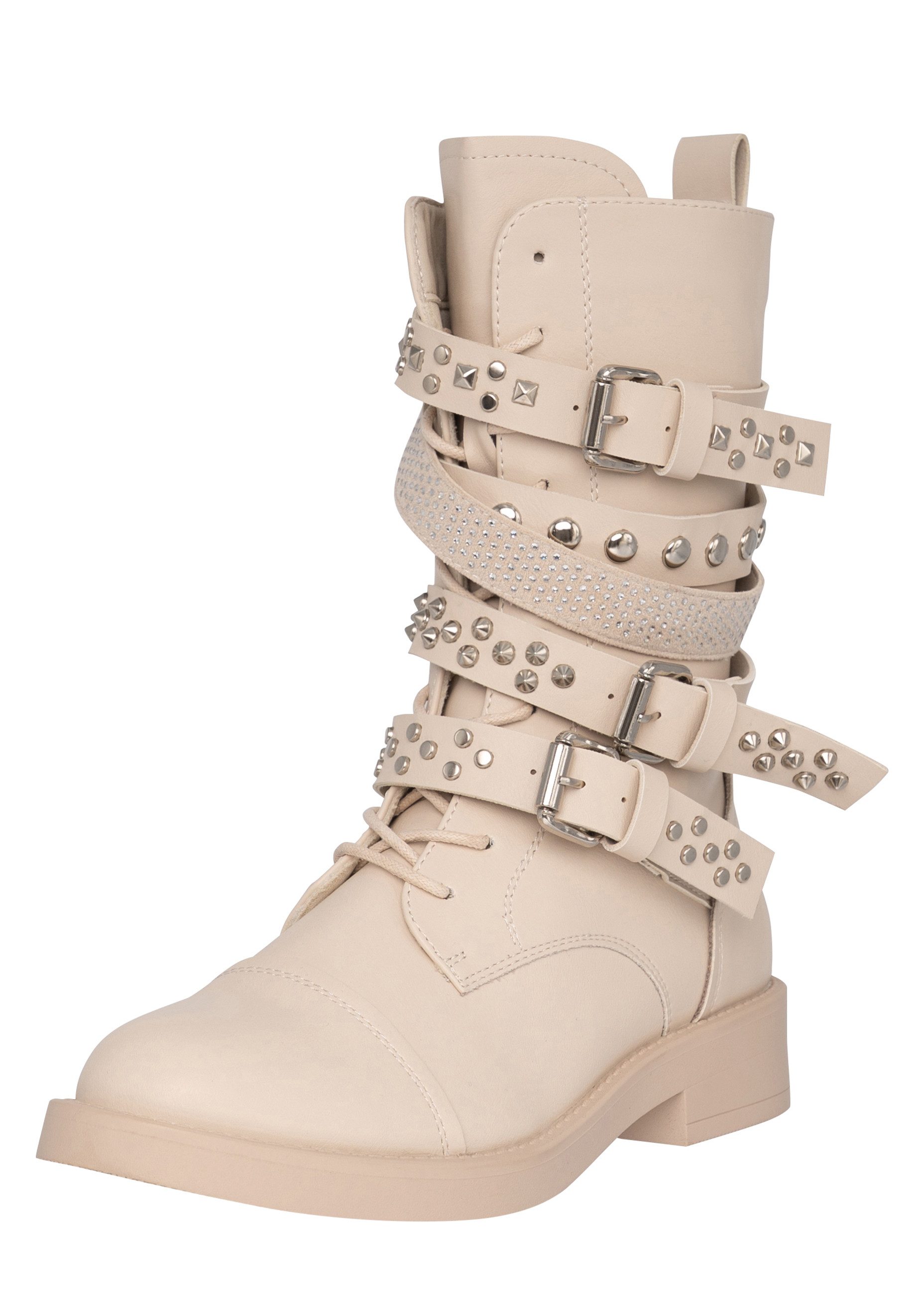 Salinyang Biker Boots mit Nieten, Schnallenriemen und Reißverschluss Stiefel