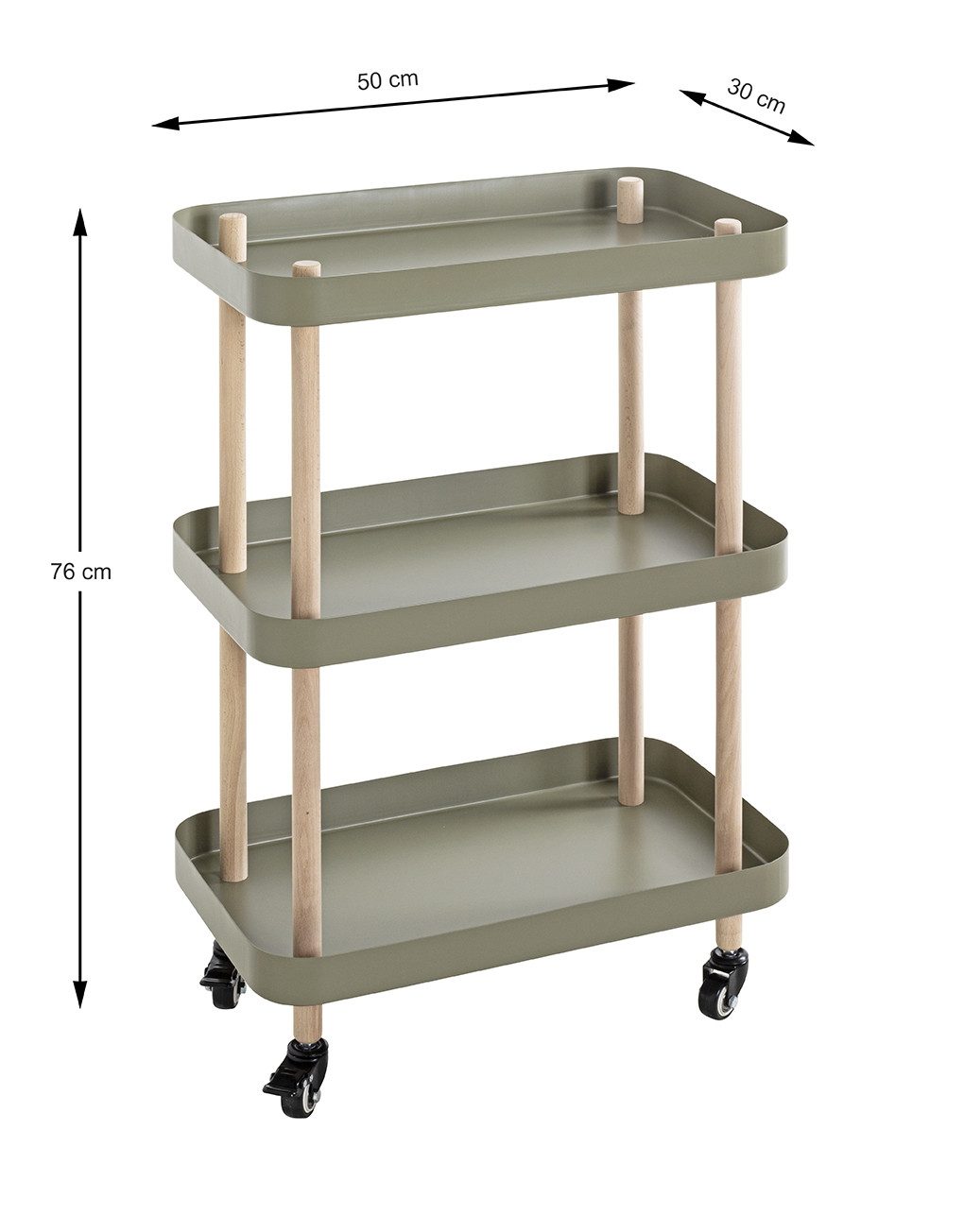 freiraum Servierwagen 54919, in grün, natur, Massivholz, Metall - 50x76x30cm (BxHxT)