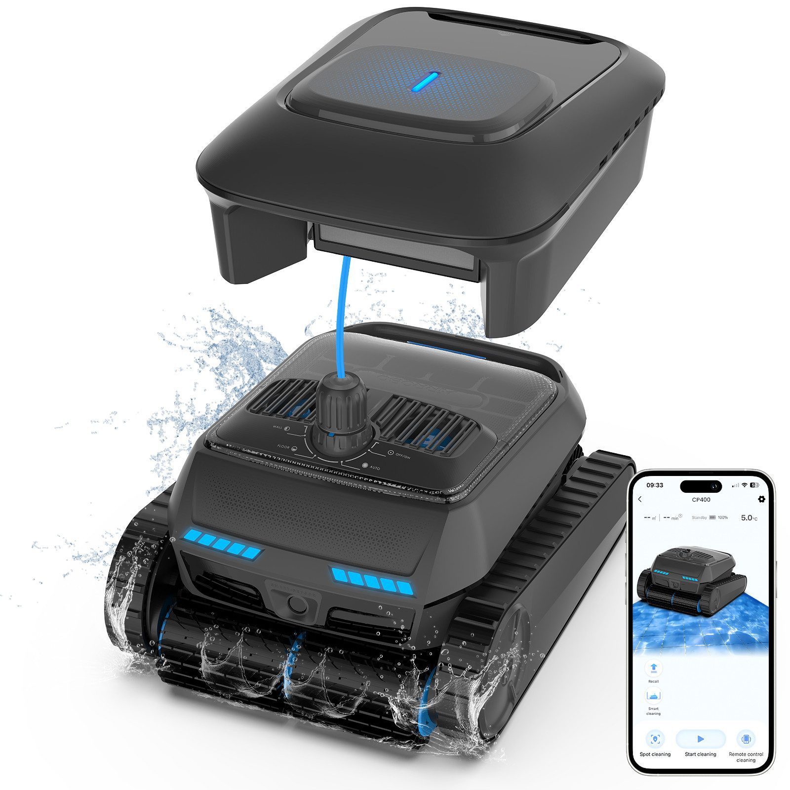 AIRROBO Poolroboter CP400/400lite poolroboter akku wand und boden, (Geeignet für die Reinigung von Böden, Wänden, Wasserlinie und Wasseroberflächen, mit Skimmer-Funktion,Geeignet für die meisten Schwimmbäder), 4 Motoren,Die Komplettlösung für die Poolrein