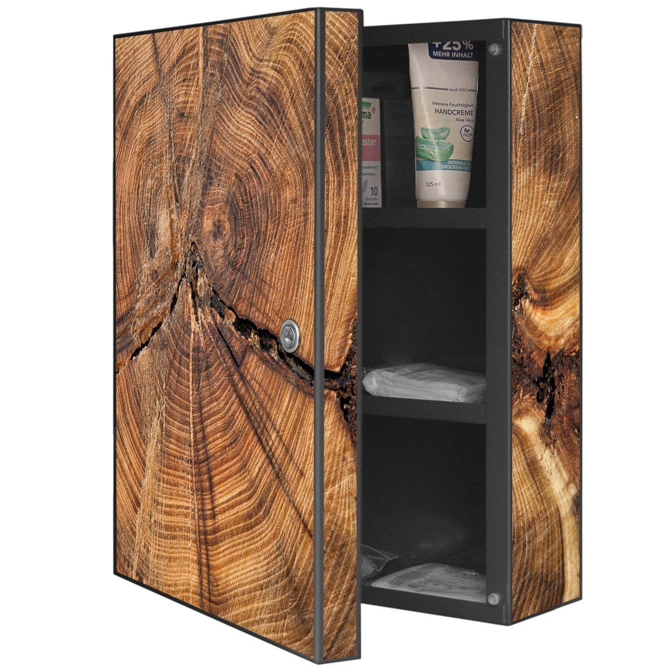 banjado Medizinschrank Stahl Jahresringe (abschließbar, 3 große und 2 kleine Fächer) 35 x 46 x 15cm