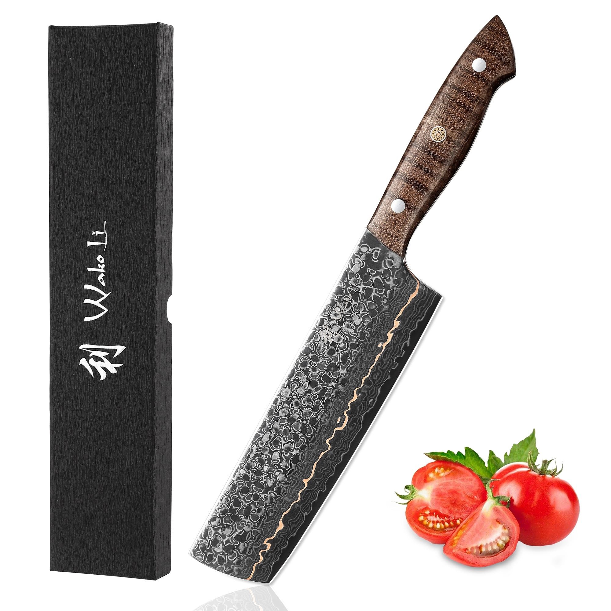 Wakoli Asiamesser Kawa Damast Nakiri Kochmesser Küchenmesser 18 cm Klinge mit Kupfer, Damaststahl, Kupfereinlage, VG10