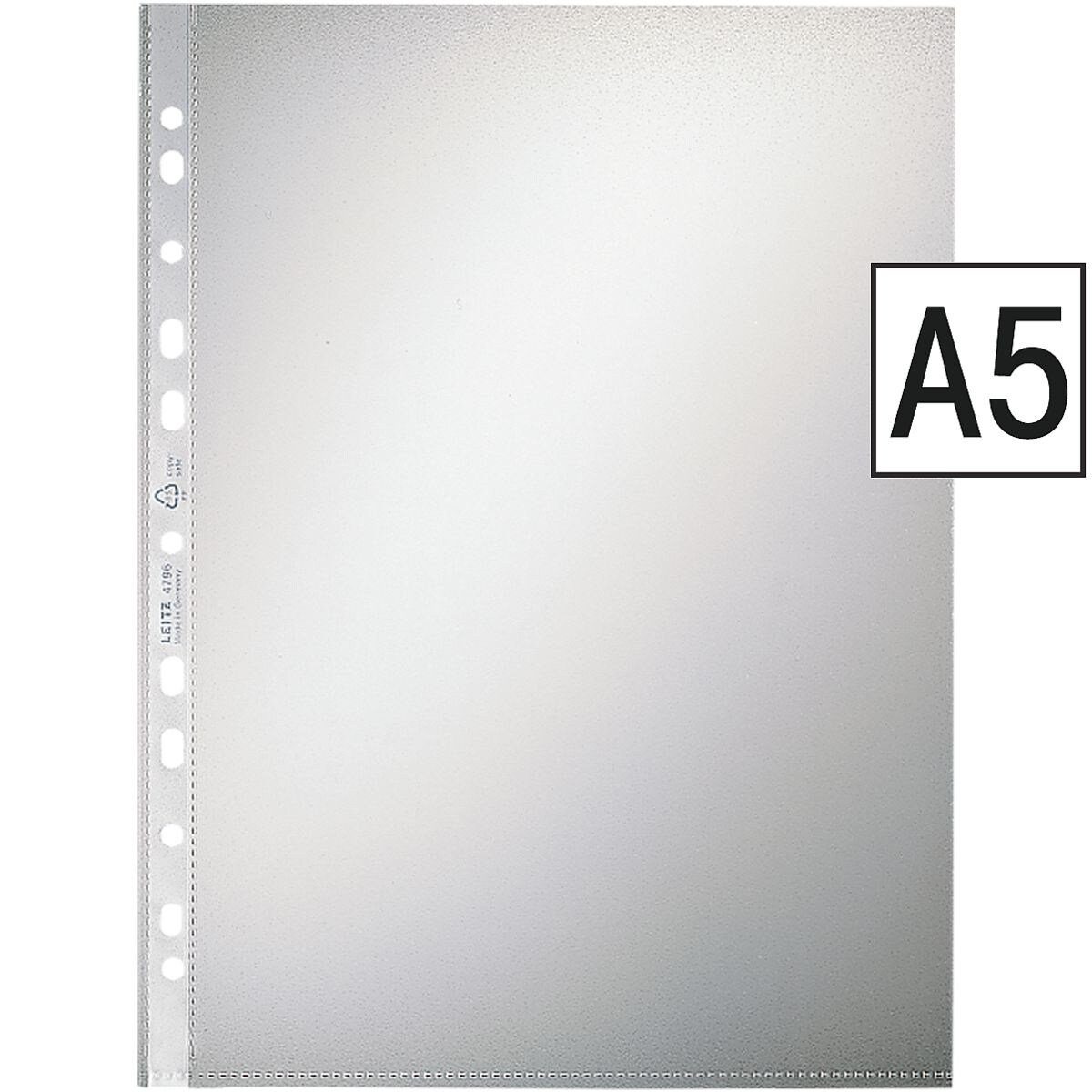 LEITZ Prospekthülle 4795, 100 Stück, genarbt, Format A5, 6-fach-Lochung, oben offen