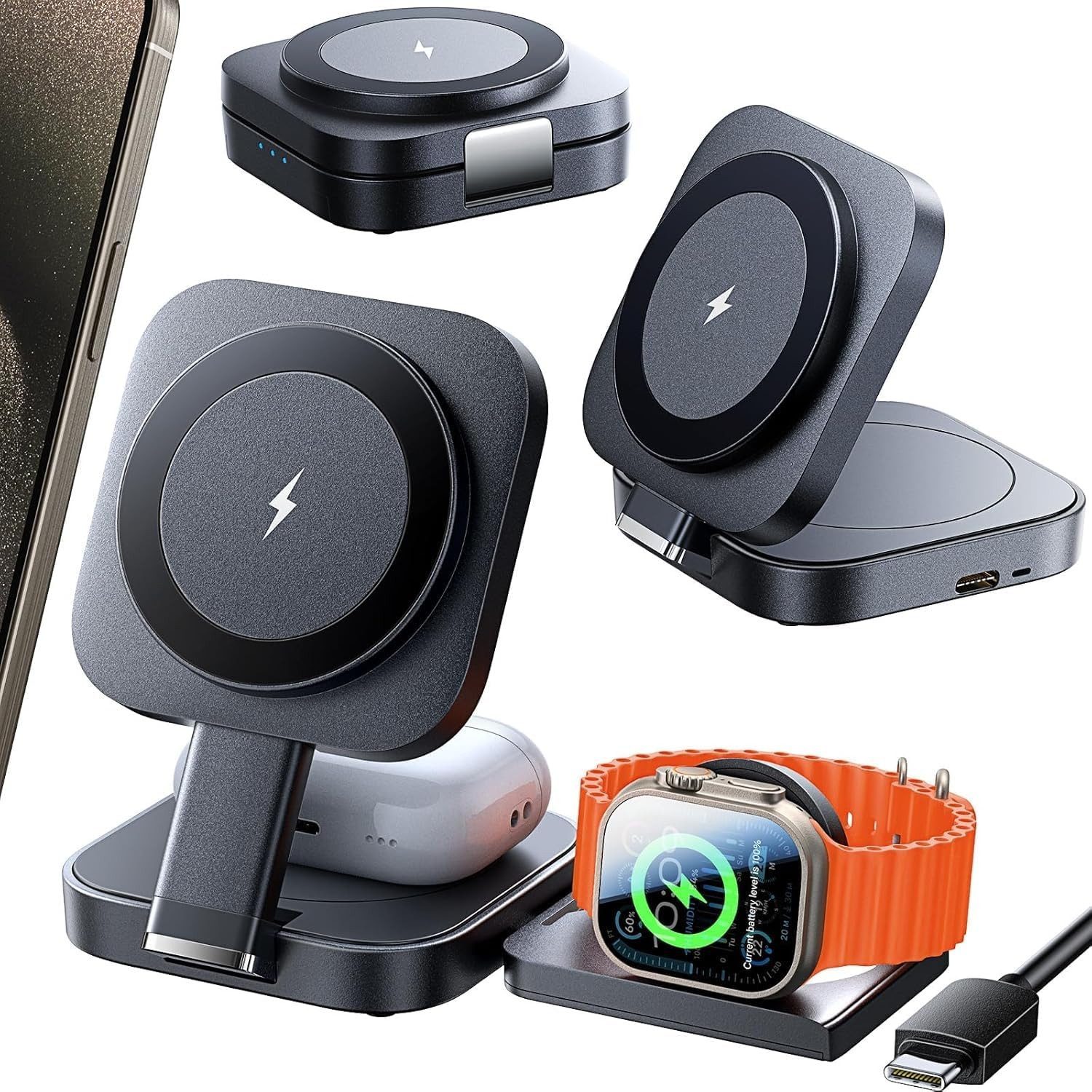 Vivitar 3-n-1 Faltbarer MagSafe Ständer mit Schnellladung, höhenverstellbar Ladestation (Apple Wireless Ladestation für iPhone 16, Apple Watch & AirPods, Perfektes Geschenk für iPhone-Nutzer und Apple-Fans, Tragbar und kompakt, Ideal für Zuhause, Büro und Reisen, Sichere Lade)