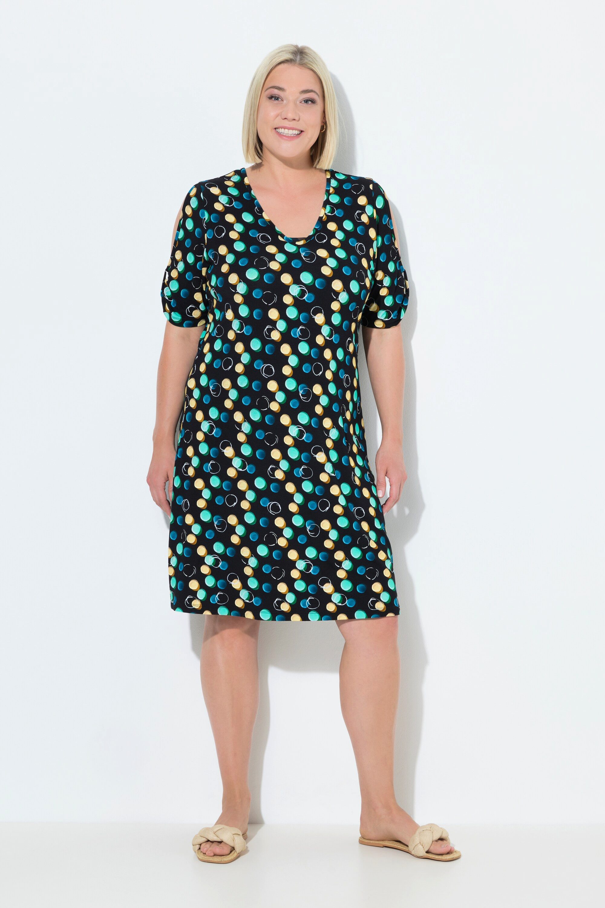 Ulla Popken Midikleid Strandkleid Punkte Zierbänder V-Ausschnitt Halbarm günstig online kaufen
