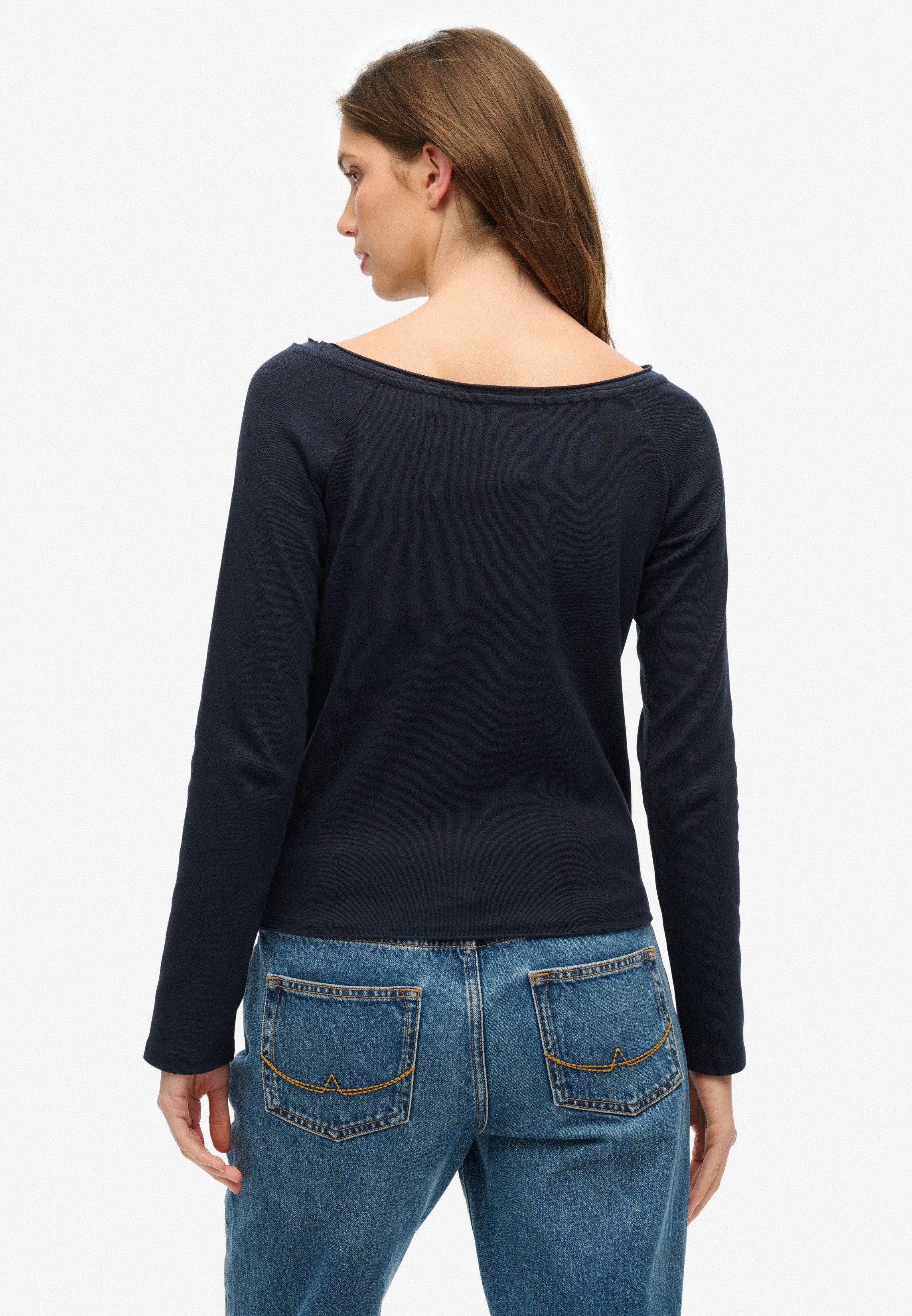 Superdry Langarmshirt BARDOT OFF SHOULDER TOP mit U-Boot Ausschnitt und Wellenkante am Bund