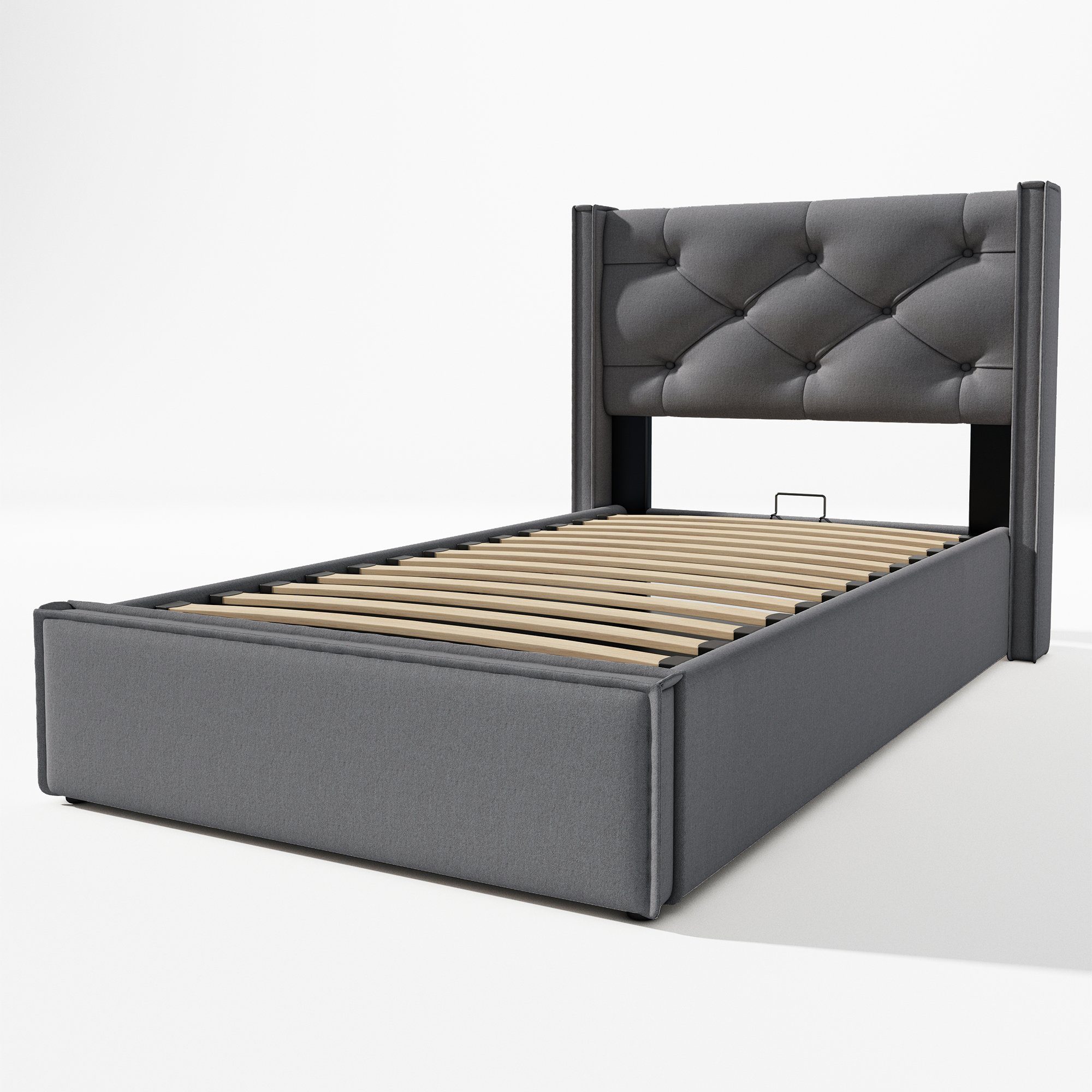 Boxspringbett (Polsterbett Einzelbett 90x200 cm mit edler Knopfheftung und Matratze), Hydraulisches Funktionsbett mit Bettkasten und Lattenrost, Baumwolle