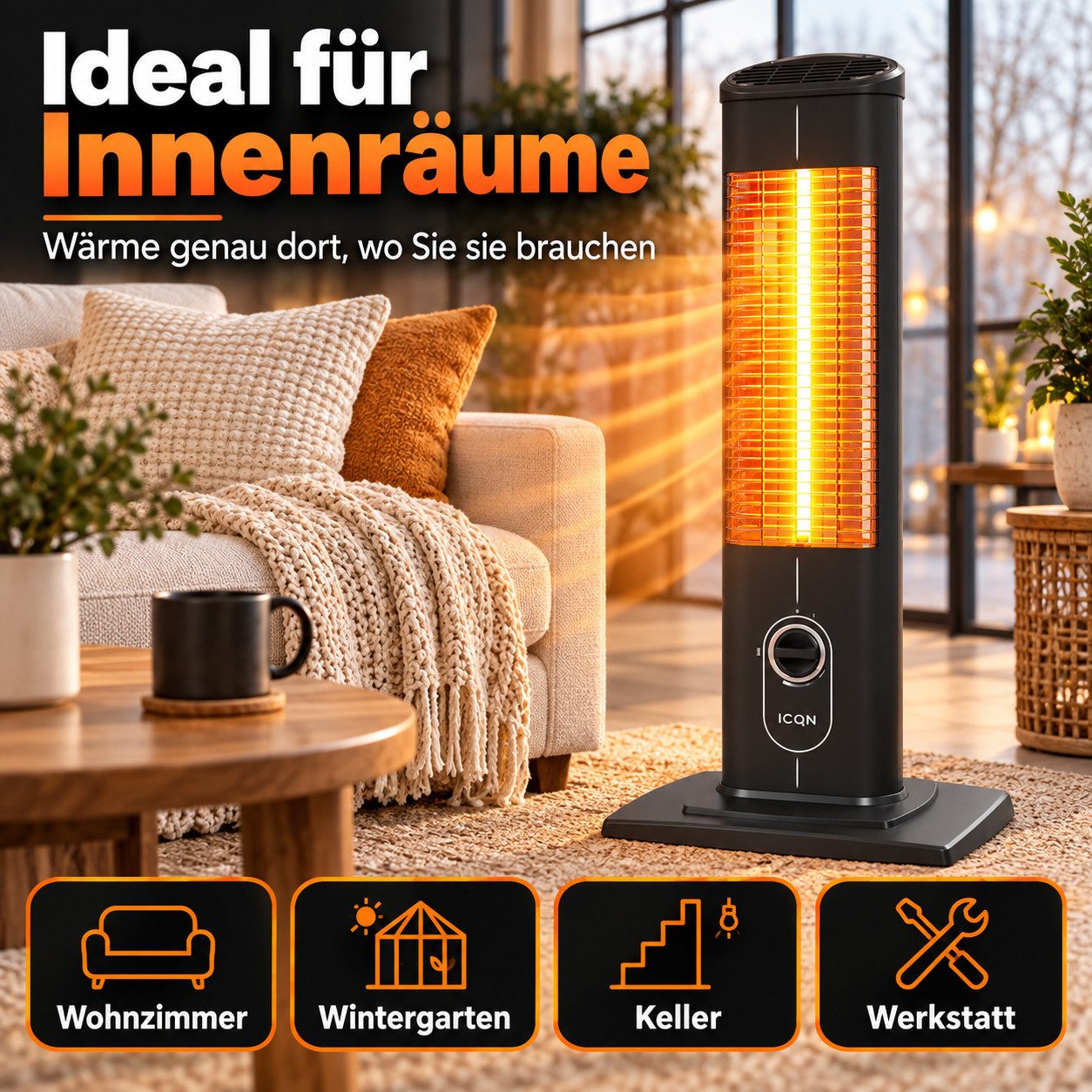 ICQN Heizstrahler IC1500 Stand Heizstrahler, Infrarotheizung, 1500 W, IP20 – Bild 4 von 5