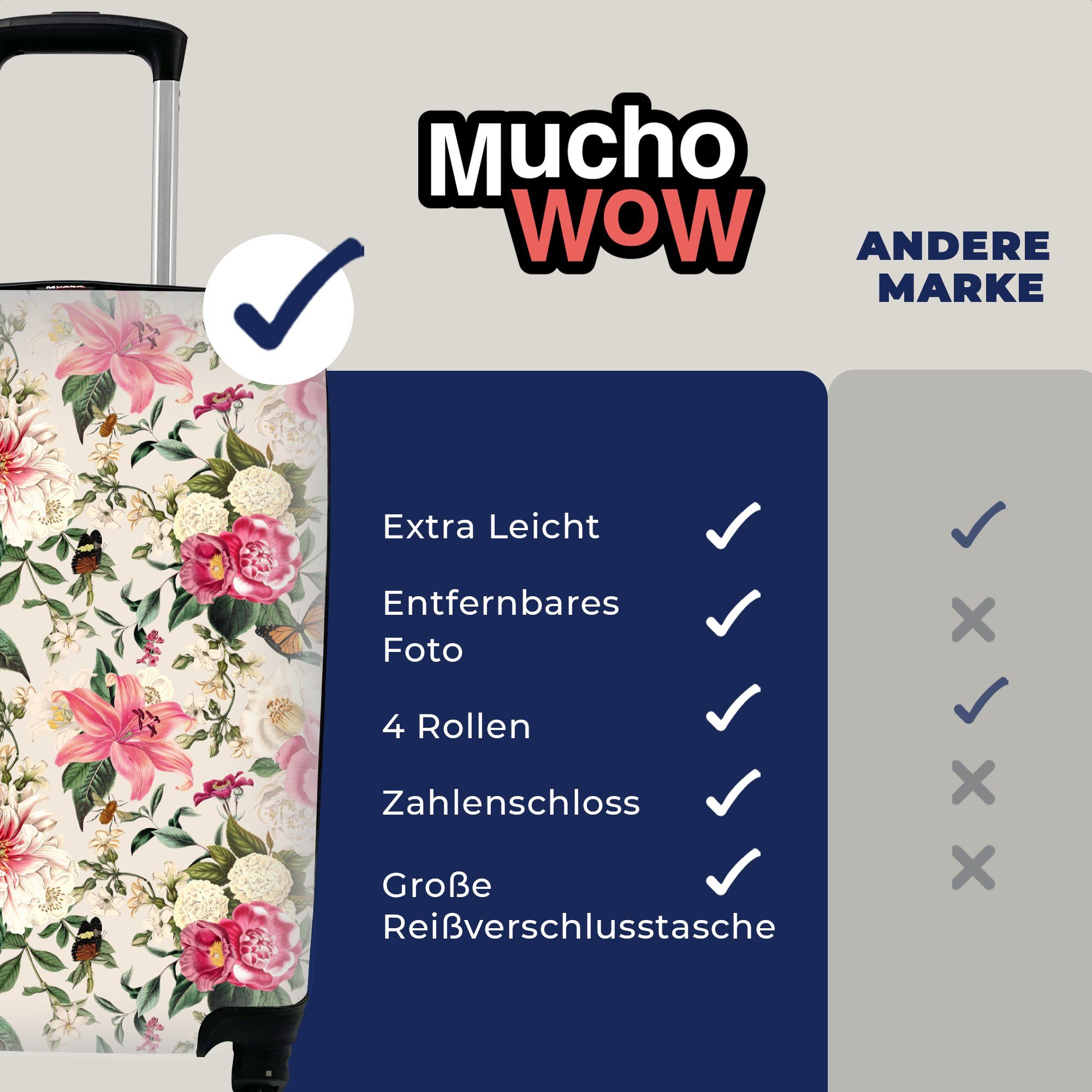 Reisekoffer für MuchoWow Trolley, Ferien, Insekten Handgepäck mit 4 Reisetasche rollen, Handgepäckkoffer - Blumen Rollen, Rosa, -