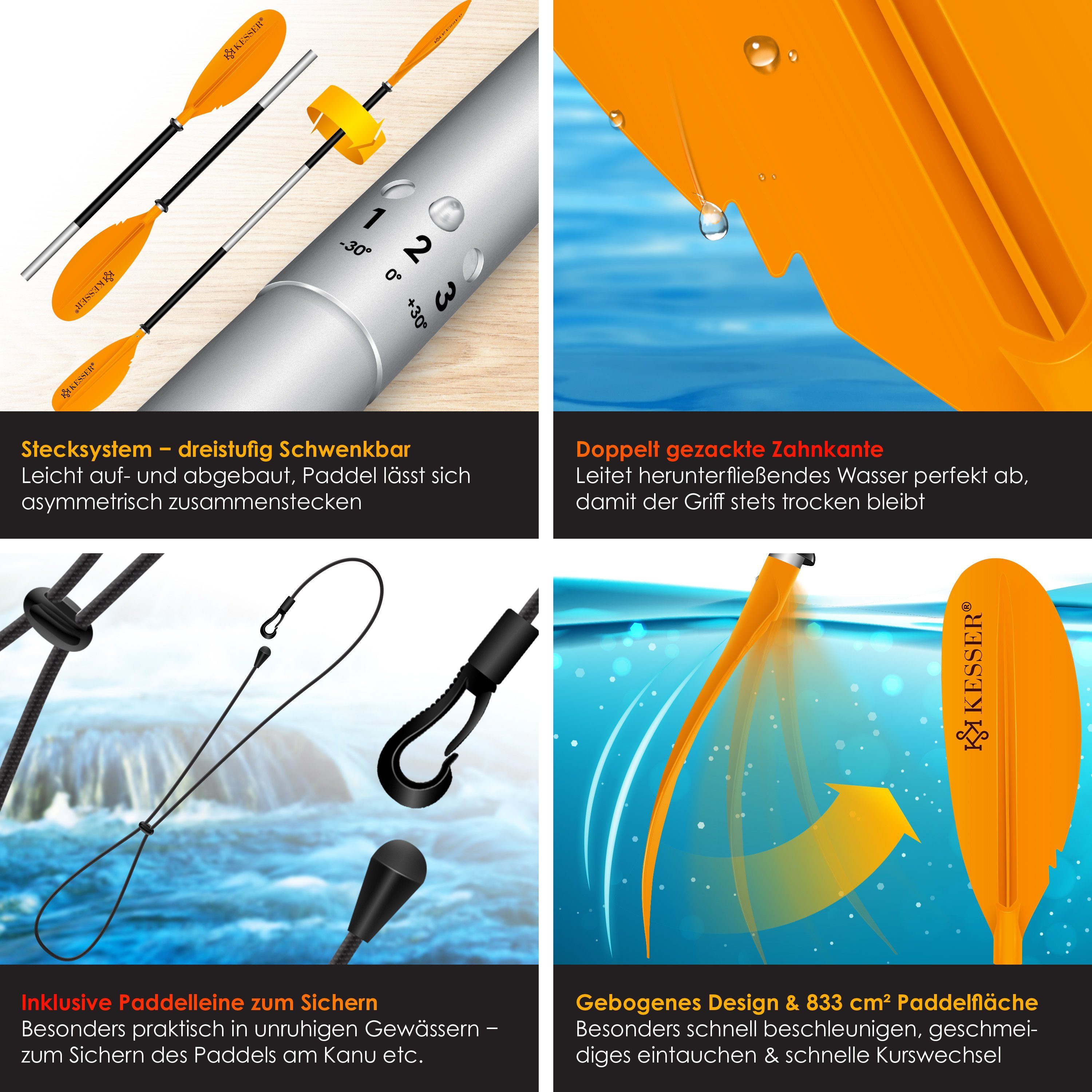 Kayak für 4-teilig Kanu KESSER Paddle Doppelpaddel Stand-Up SUP-Paddel, orange SUP