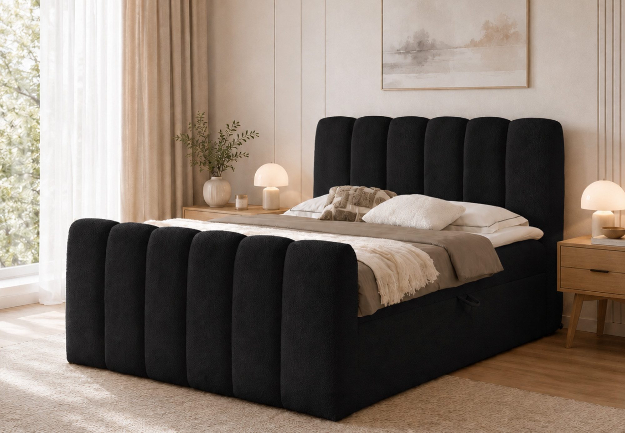Home Collective Boxspringbett Polsterbett Doppelbett Bubble Bett mit Stauraum & Topper, viele Größen (mit Taschenfederkern-Matratze & leichtgängiger Federmechanik), trendiger Bouclé Bubble Look weicher Chenille-Stoff Schwarz