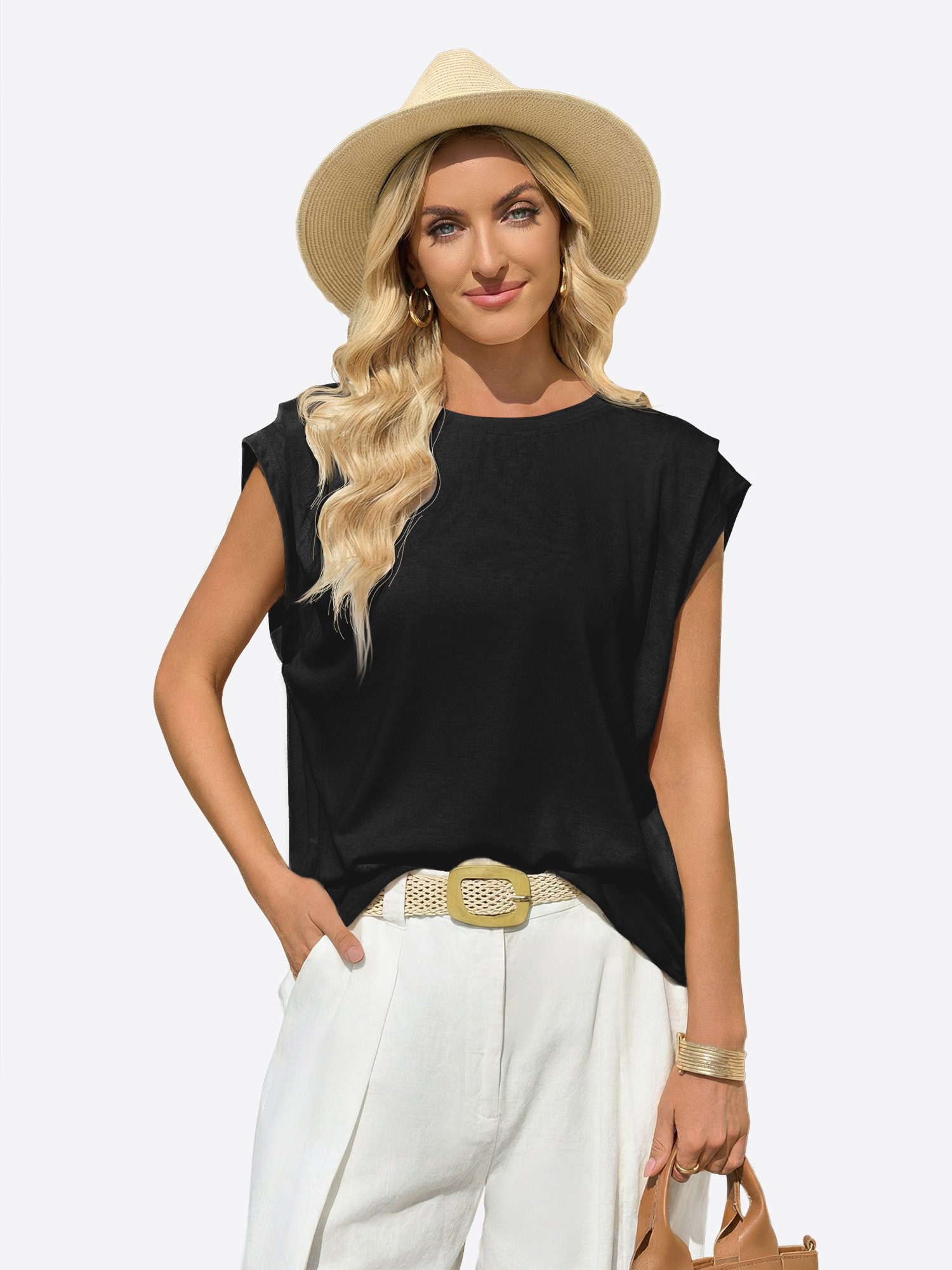 Imily Bela T-Shirt Damen Bootsausschnitt Basicbluse (Packung, 1-tlg., 1per-Pack) Schultern überlappend