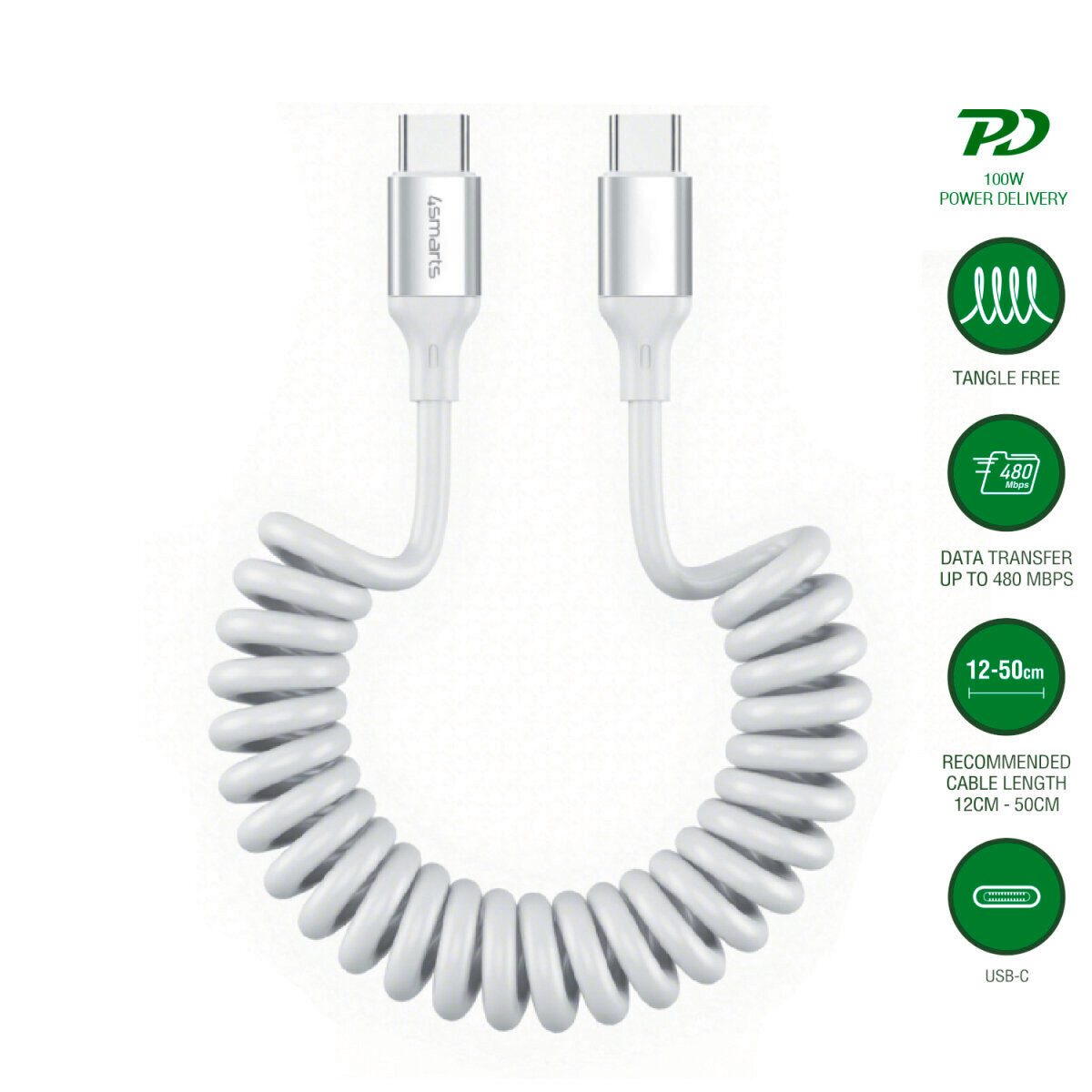 4smarts 4smarts USB-C Spiralkabel 100W, weiß Induktions-Ladegerät