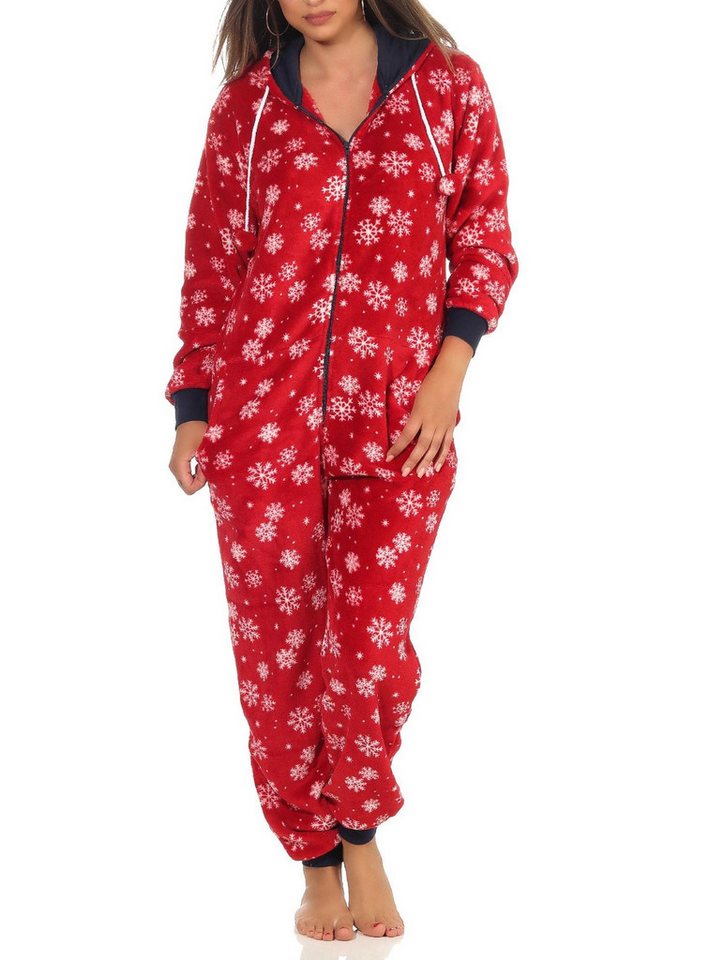 Normann Pyjama Wunderschöner Damen Jumpsuit Overall mit Kapuze im winterlichen Look