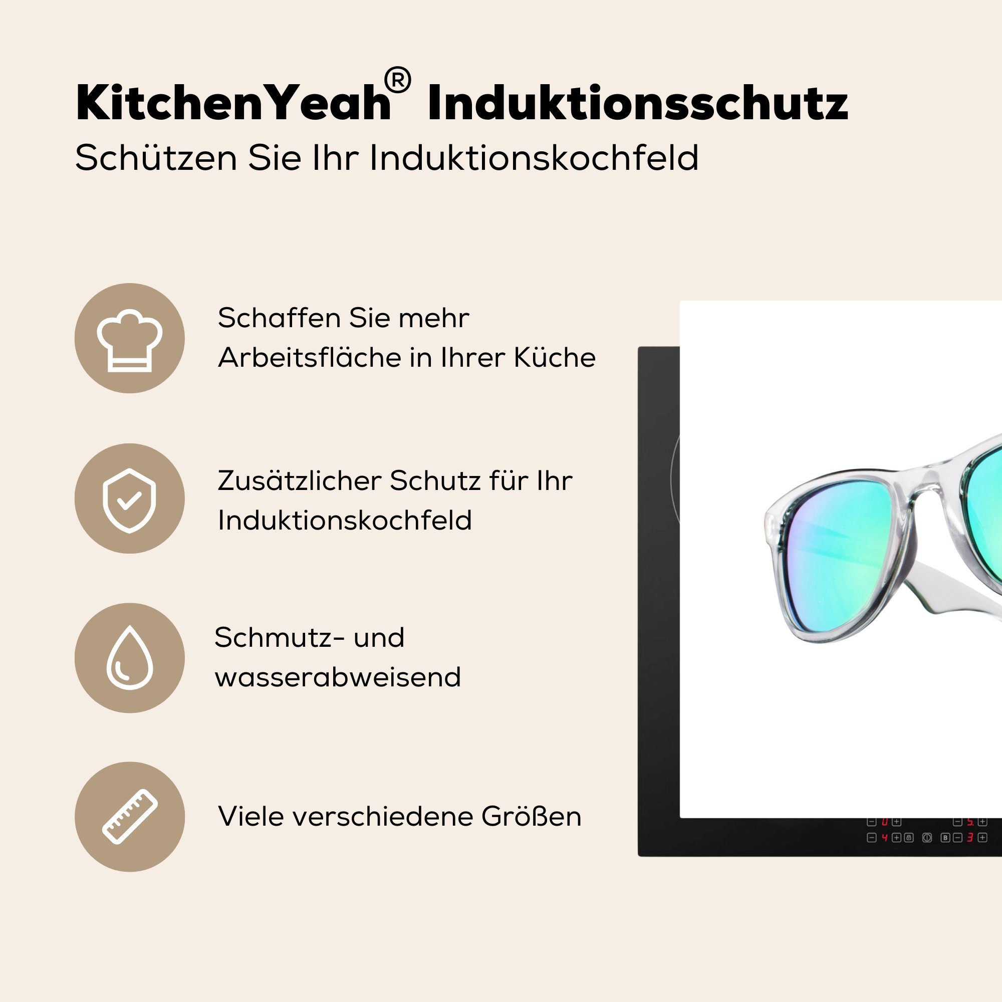 MuchoWow Herdblende-/Abdeckplatte Sonnenbrille mit grünen Induktionskochfeld (1 81x52 Vinyl, Gläsern., für die küche, Ceranfeldabdeckung cm, tlg), Schutz