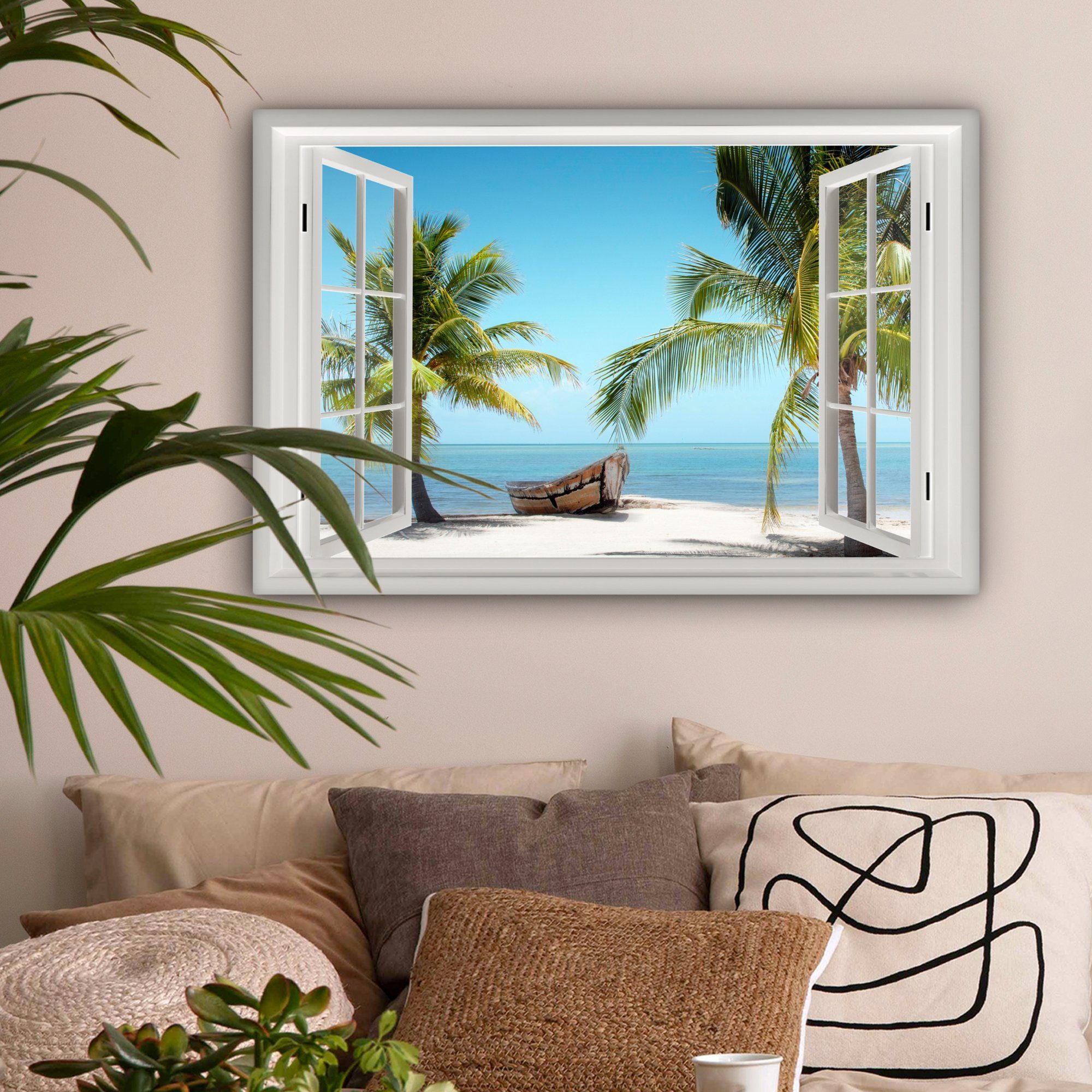 OneMillionCanvasses® Leinwandbild Aussicht - Strand - Palme - Boot - Tropisch - Meer - Blau, Fotodruck (1 St), Wandbilder Wohnzimmer Schlafzimmer 90x60 cm