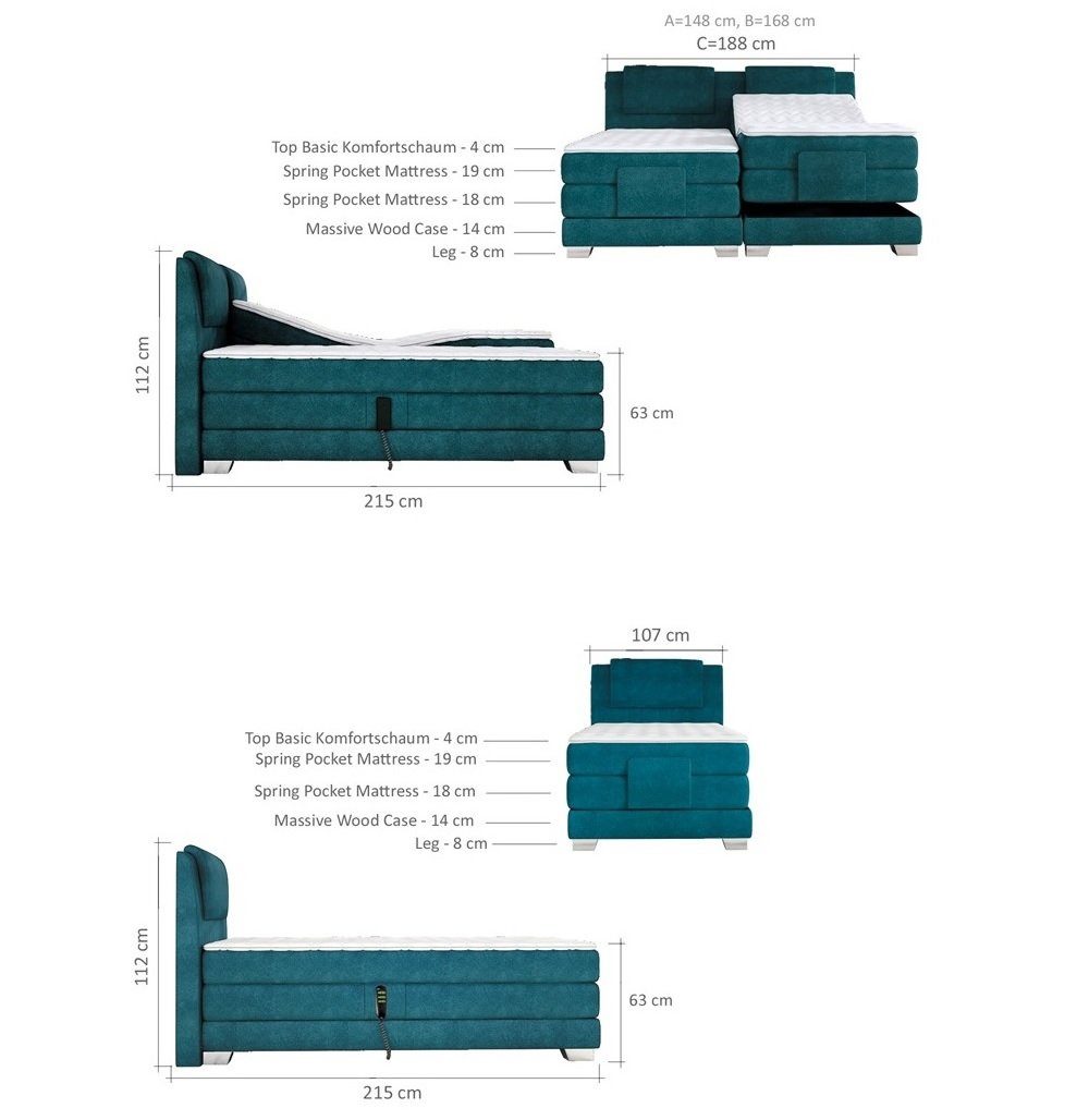 Stoffbett mit Boxspringbett 160x200 elektrisch cm Calais Bett, Komplettbett und Webstoff Liegefläche zwei Sofa Dreams Modern Topper, verstellbare schwarz Matratzen