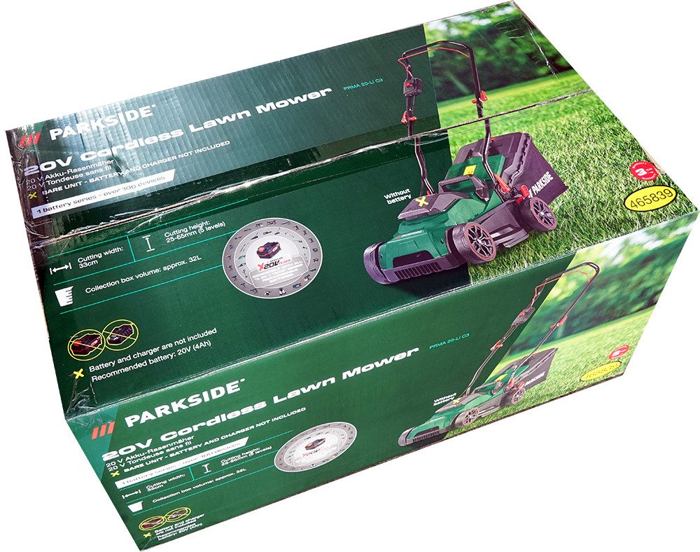 Parkside Akkurasenmäher 20V Akku Rasenmäher PRMA 20-Li C3 (ohne Akku) + Zollstock, 33 cm Schnittbreite