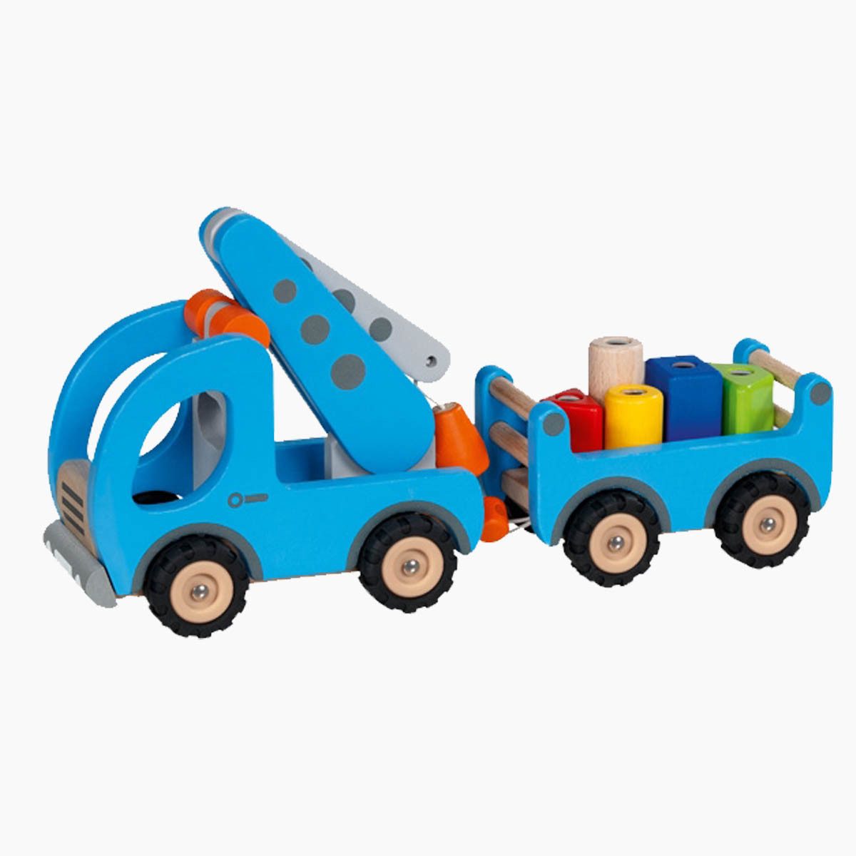 goki Spielzeug-Kran Kranwagen mit Anhänger, (packung, 8-tlg., set), Hochwertige Gummibereifung und magnet Funktion