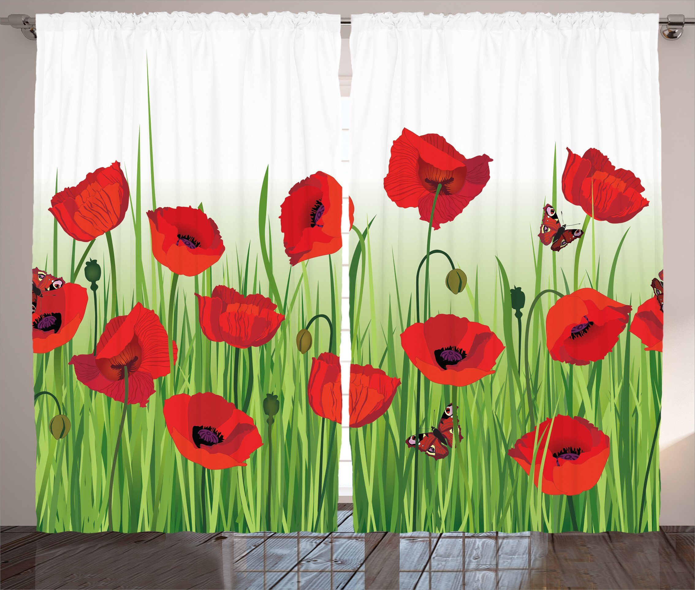 Gardine Schlafzimmer Kräuselband Vorhang Haken, Abakuhaus, Schlaufen Design Schmetterling Floral mit und Mohn