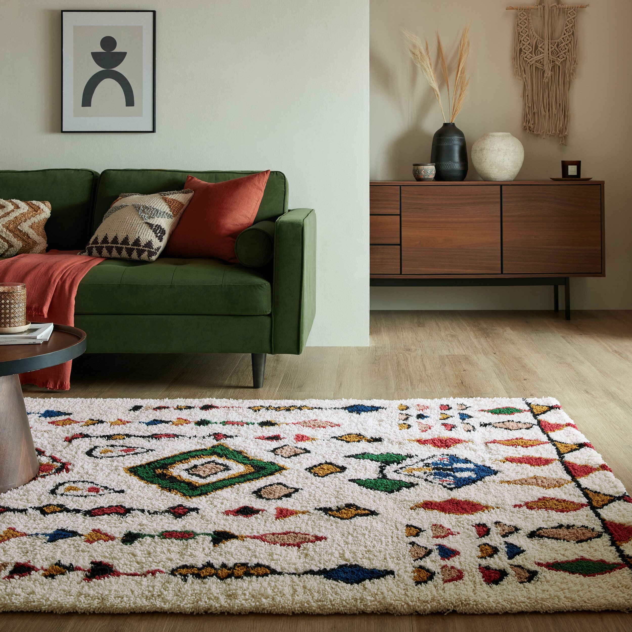 KADIMA DESIGN Wollteppich Rauten, Ethno (Berber) Teppich Wolle Hochflor Shaggy 120x170, Rechteckig, Höhe: 25 mm, Multicolor, 100% Wolle, Hochflor, Handgetuftet Flordichte 3 500 g/m²