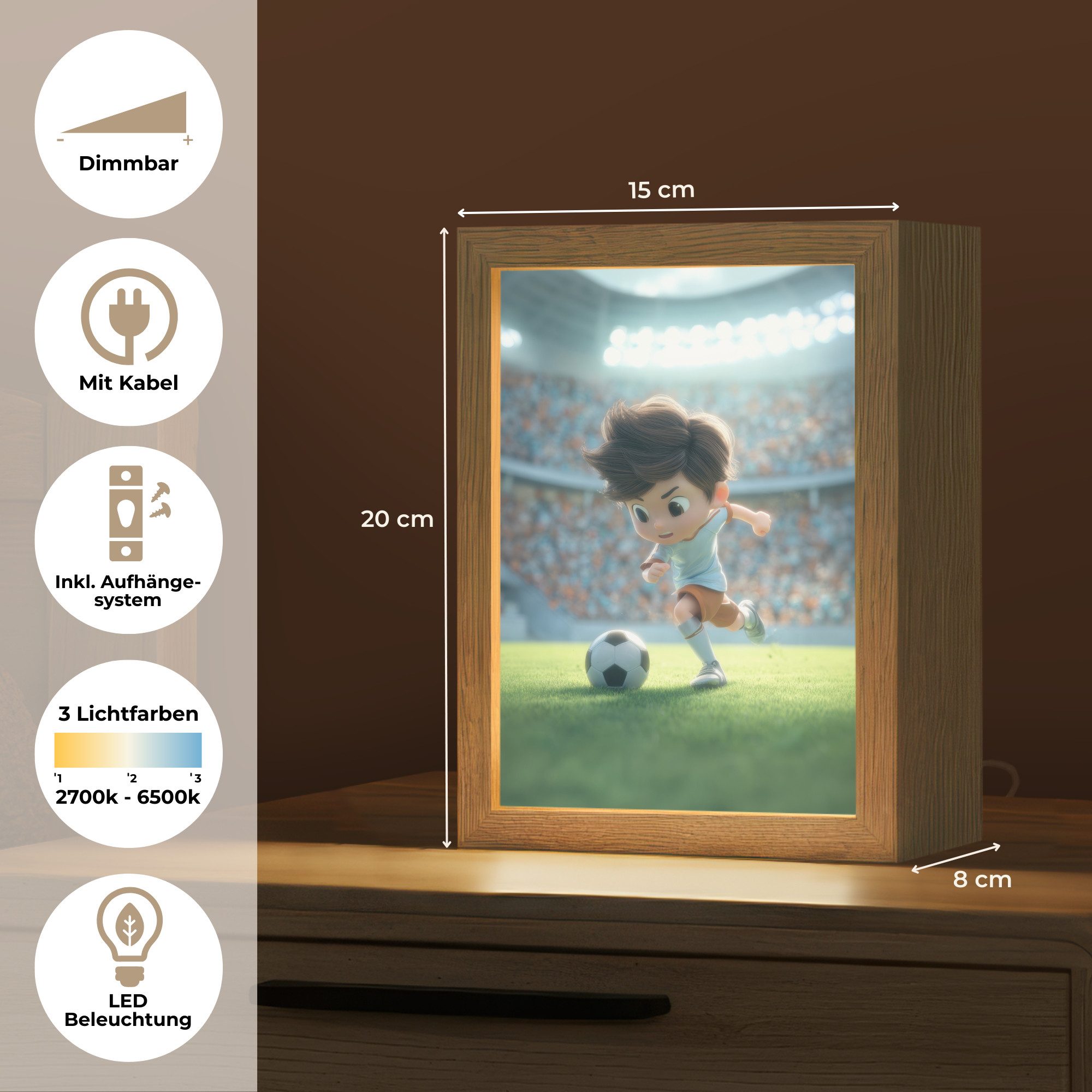 OnlyWow Nachttischlampe Lightbox Fußball - Junge - Stadion - Jungen, Dimmbar, Farbwechsel, LED, Warmweiß, Kaltweiß, Neutralweiß Einstellbar, Kinderzimmer, Babyzimmer, Dimmbar, mit Kabel, Nachtlampe, LED