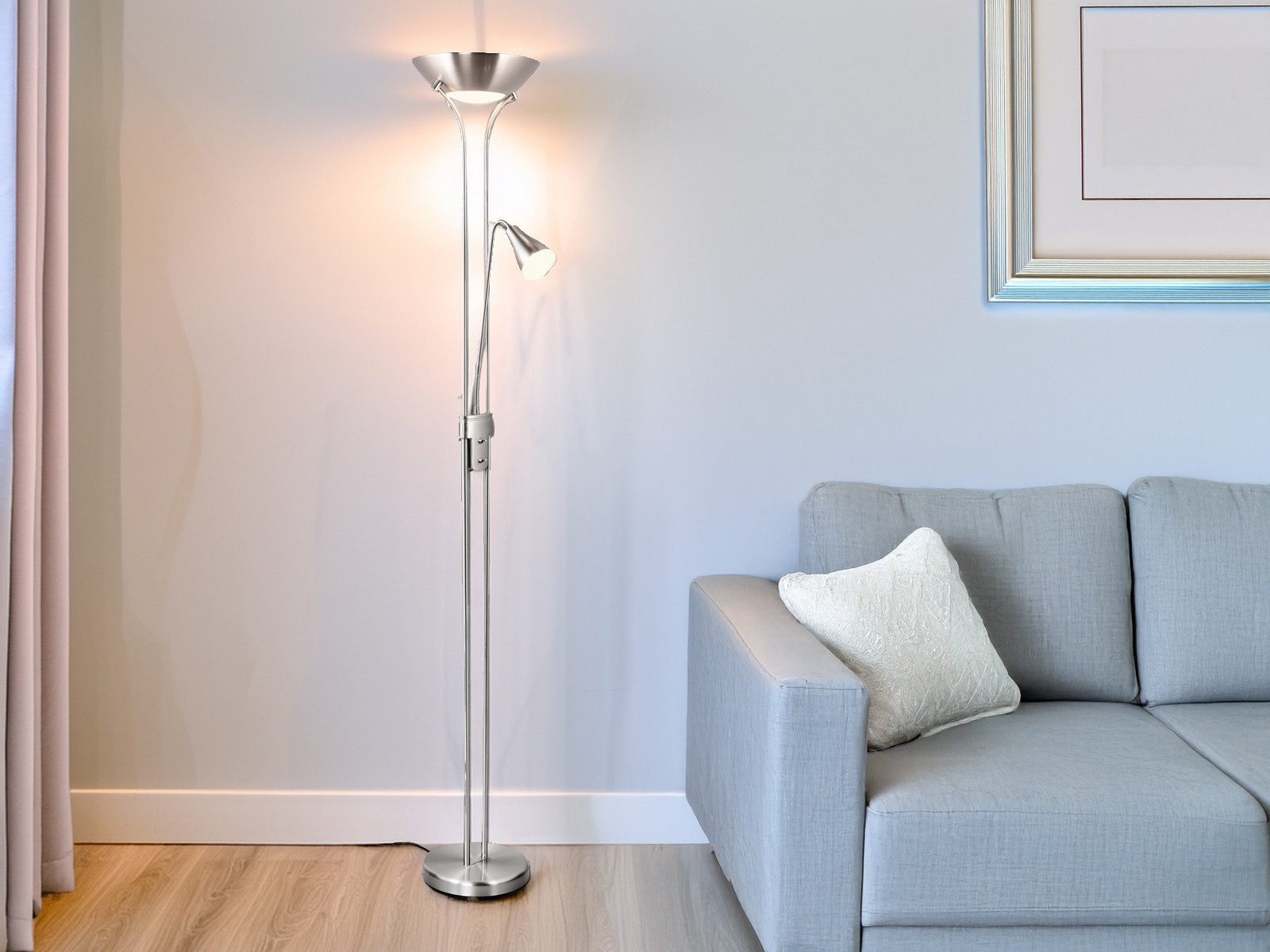 Reality Leuchten LED Deckenfluter, Dimmfunktion, LED wechselbar, über Schalter in 3 Stufen dimmbar, Warmweiß, große Stehlampe mit Leselampe für Lese-ecke, Höhe 181cm