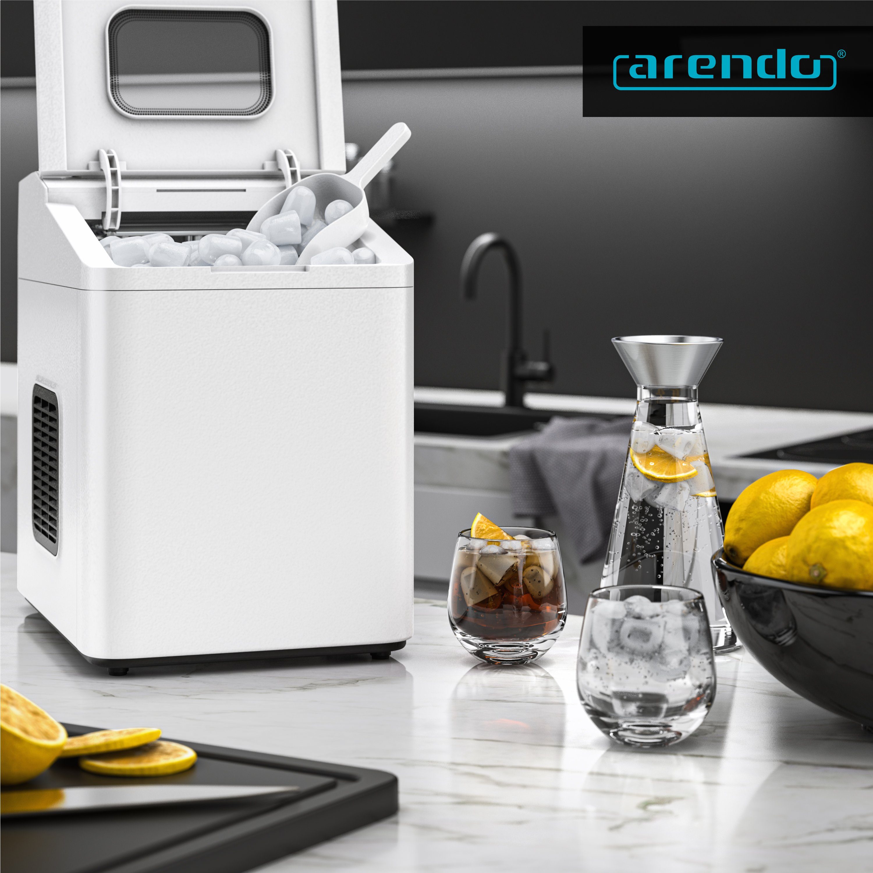 Arendo Eiswürfelmaschine Eiswürfelbehälter 1,4L, 9 Eiswürfel in 9 Minuten, Eiswürfelschaufel, Edelstahl, 2 Größen, Sichtfenster, Eiswürfelschaufel, BPA-frei, 105 W