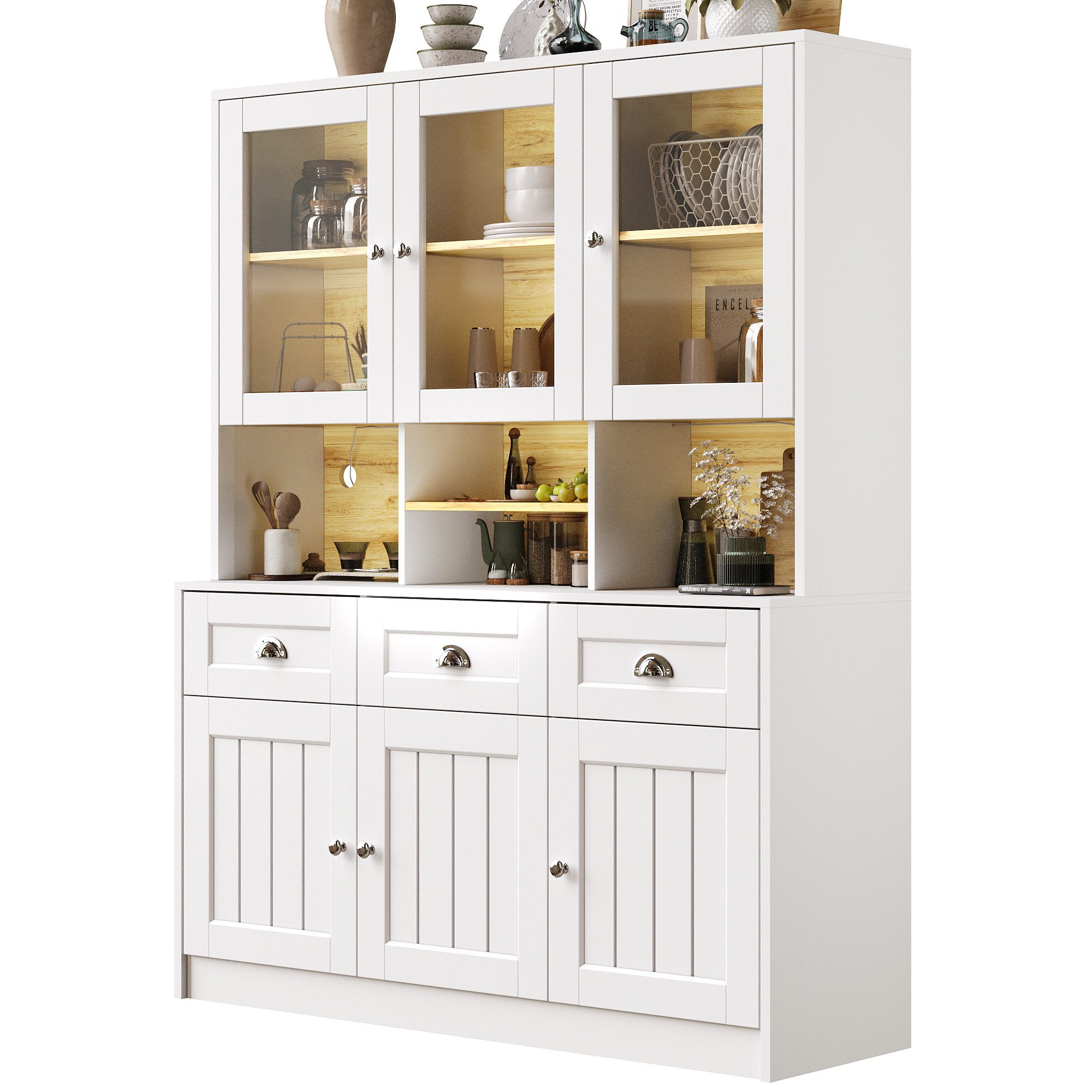 i@home Hochschrank Küchenschrank, Vitrinenschrank, schwarz/weiß, 140×40×175cm Mit Verstellbaren Ablagen und LED, Variable Lichtfarben per App
