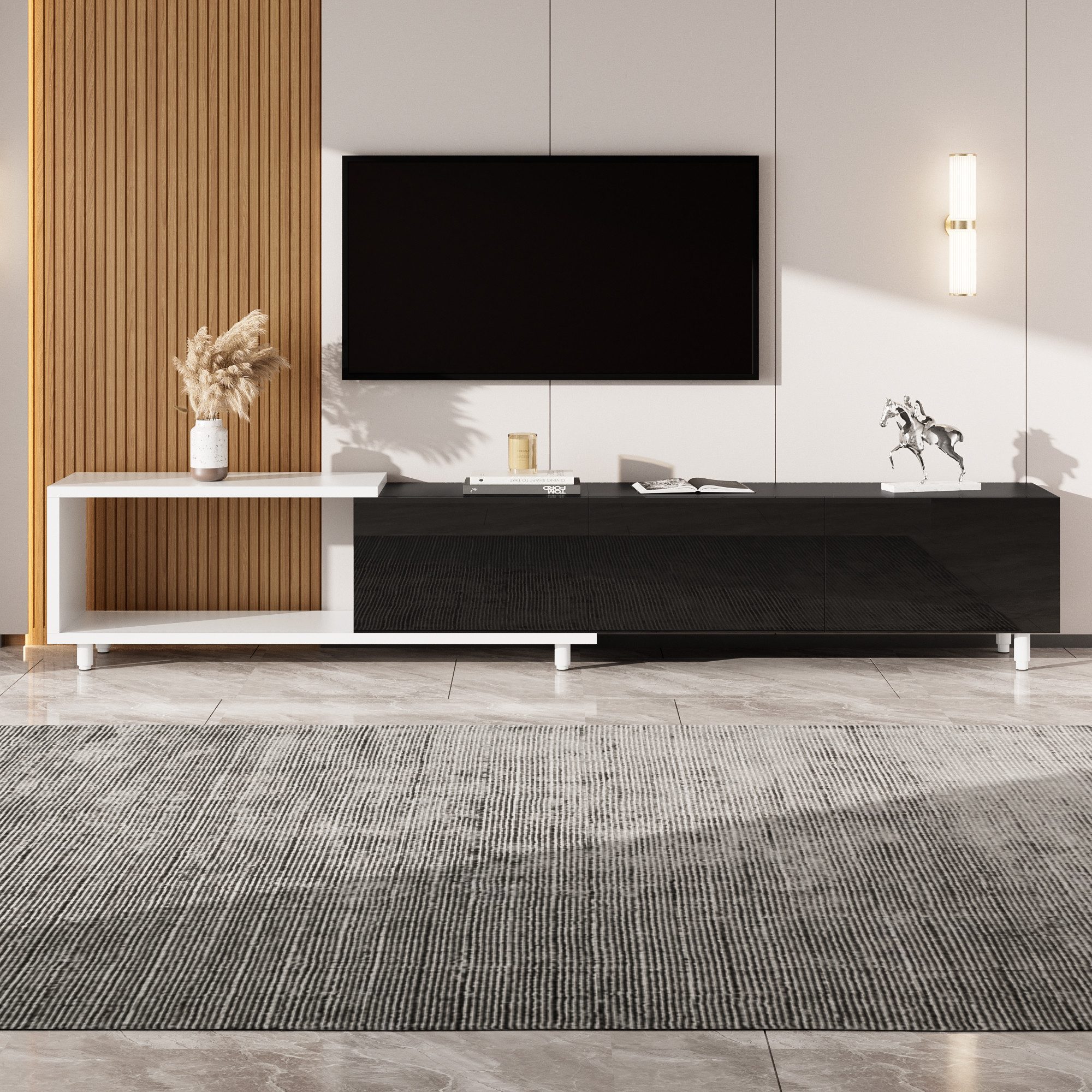 OKWISH Lowboard Ausziehbarer TV-Schrank 258x38x48,5 cm (Packung, 1 St., modernes Design, viel Stauraum, Metallfüße), mit 3 Hochglanz-Türen & leisen Scharnieren
